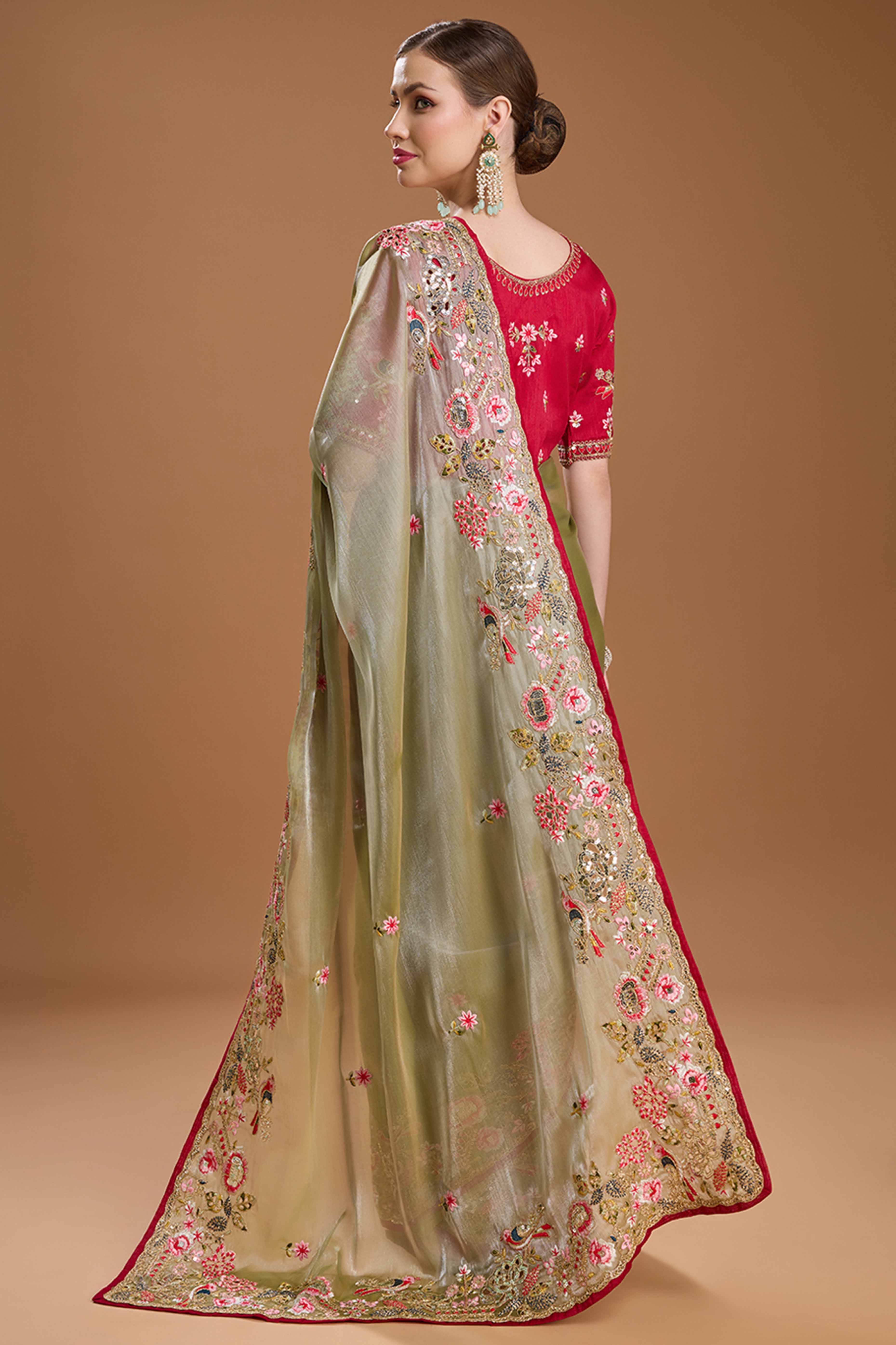 Green Floral Design Organza Saree with Glittering Sequins Embroidery