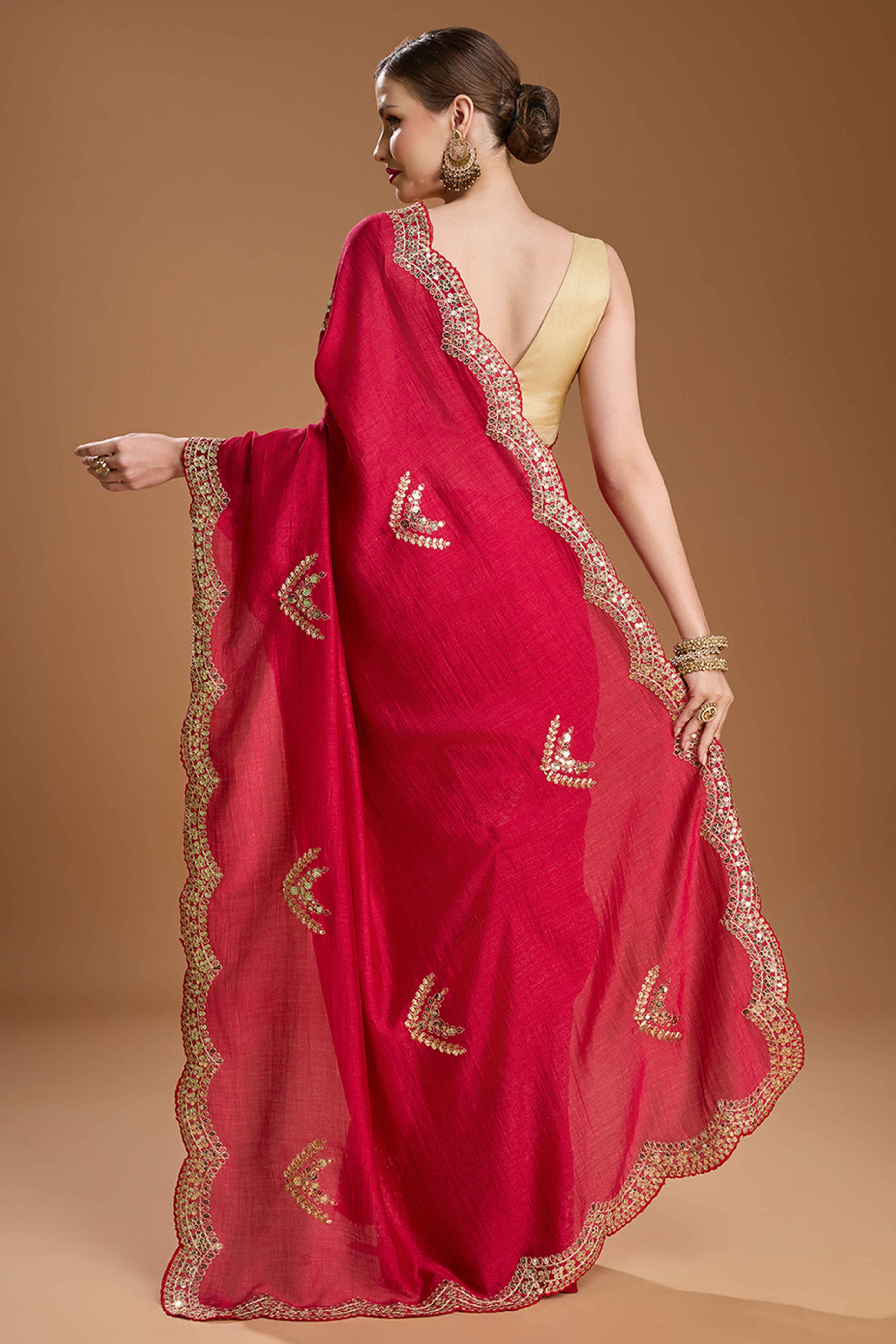 Cherry Red Embroidered Saree in Chiffon with Sequins Accents
