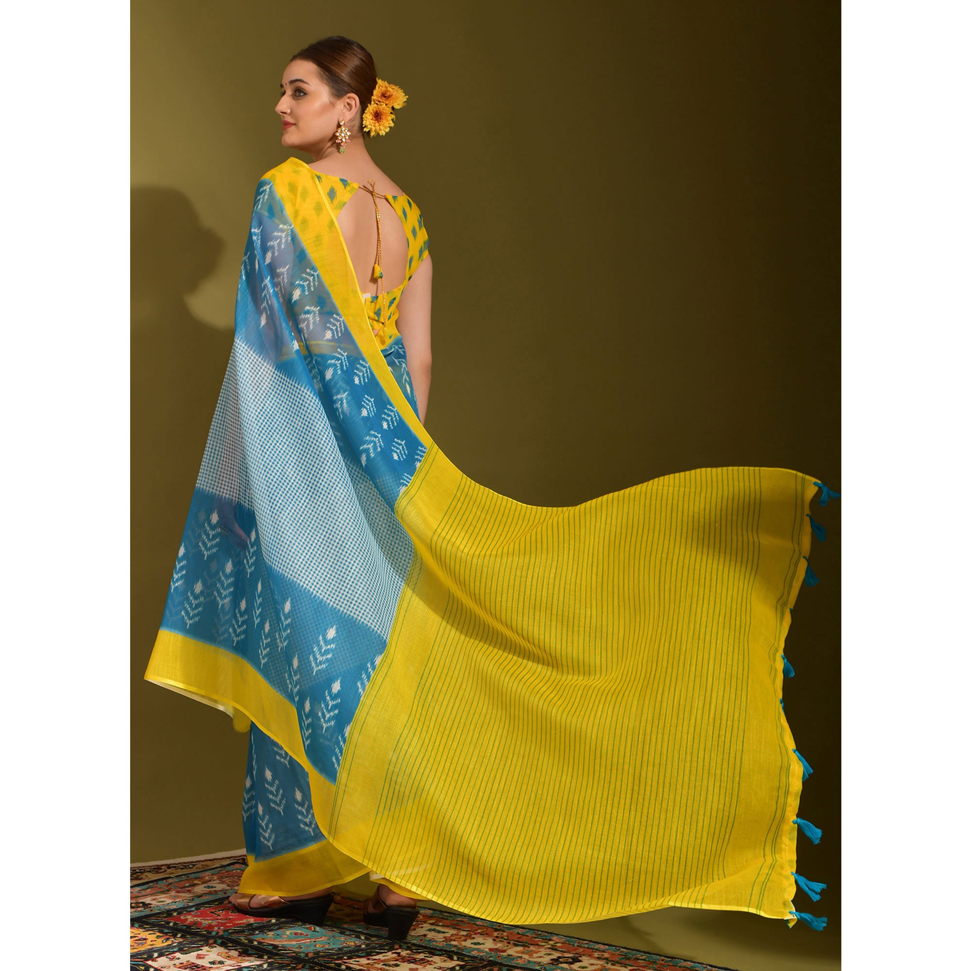 Blue & Yellow Digital Printed Linen Saree With Tassels