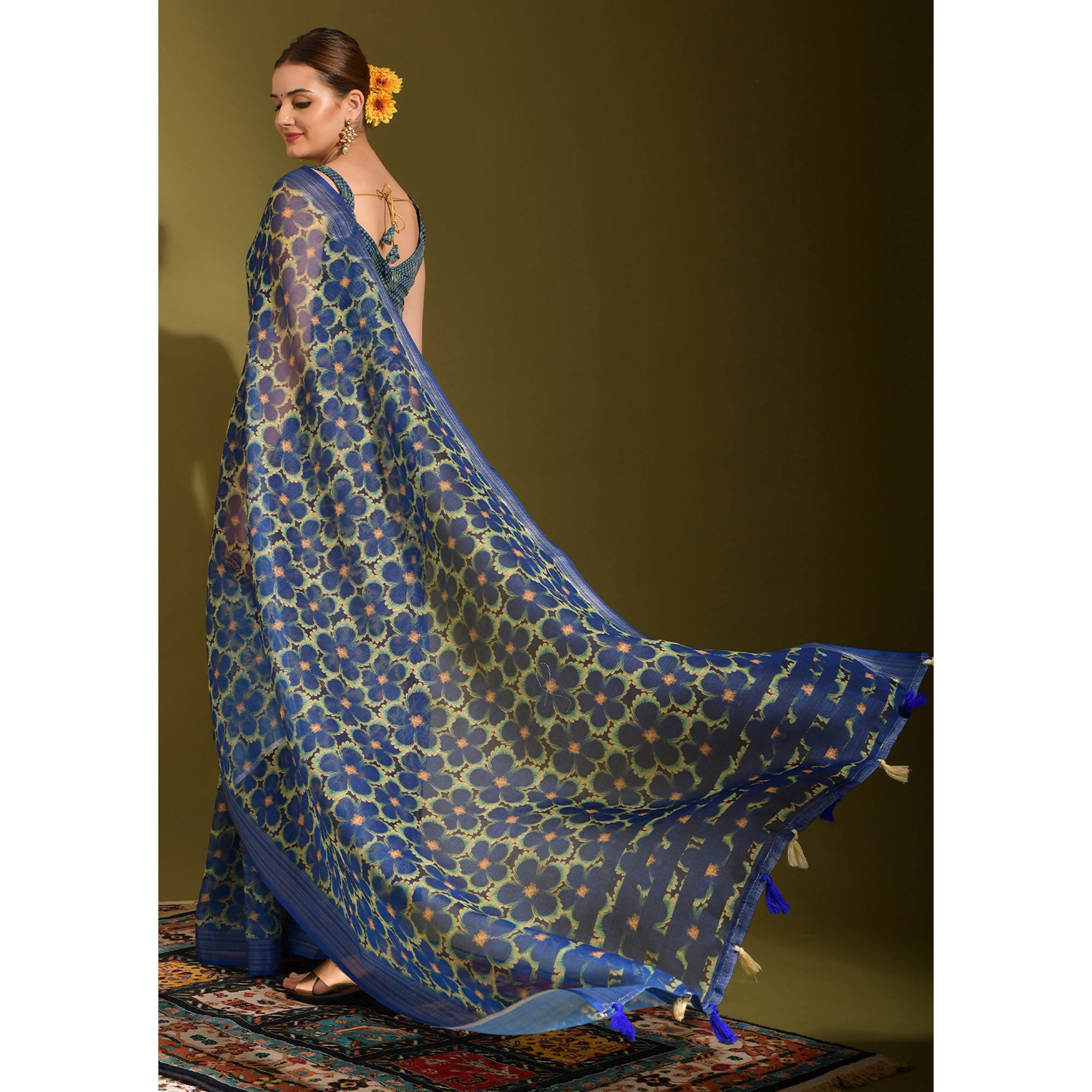 Blue Floral Digital Printed Linen Saree With Tassels