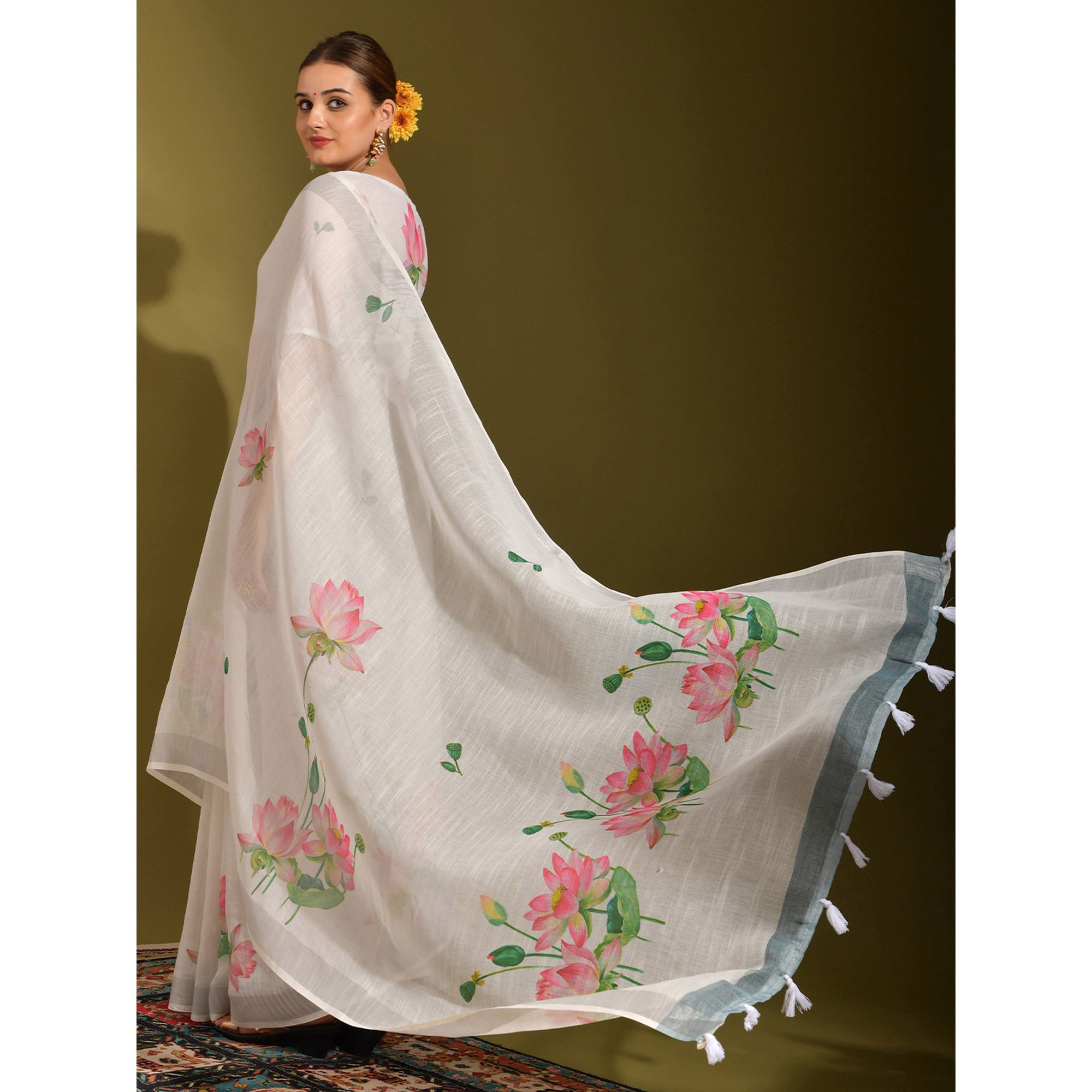 White Floral Digital Printed Linen Saree With Tassels