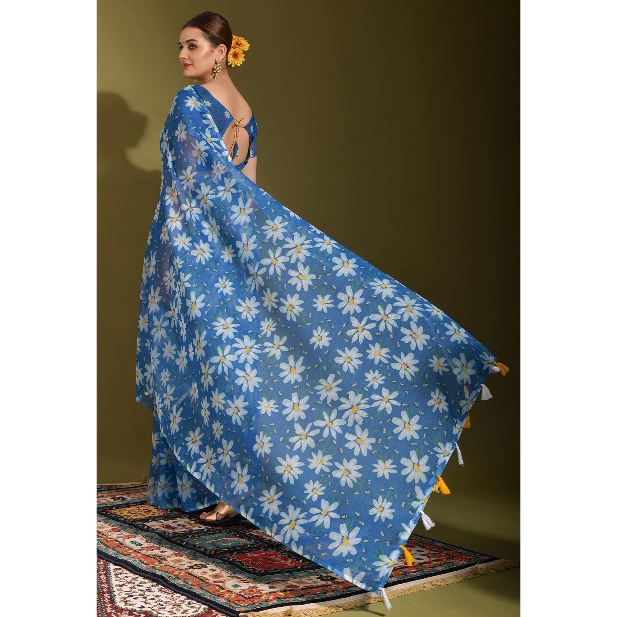 Blue Floral Digital Printed Linen Saree With Tassels