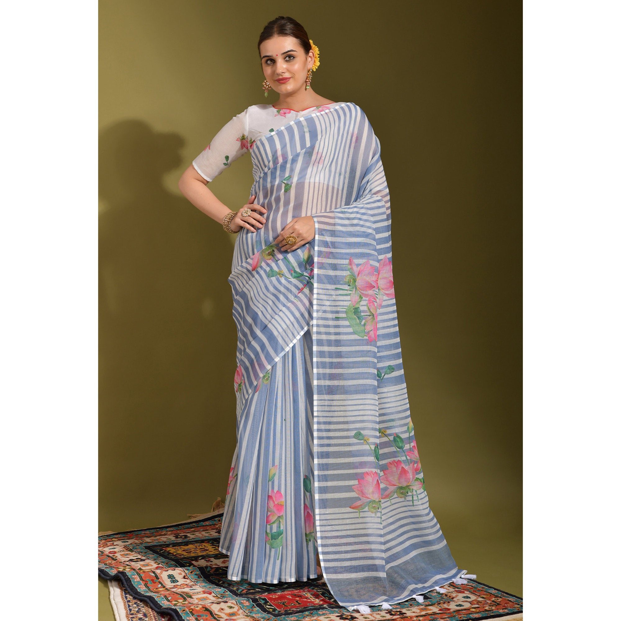 Sky Blue Floral Digital Printed Linen Saree With Tassels