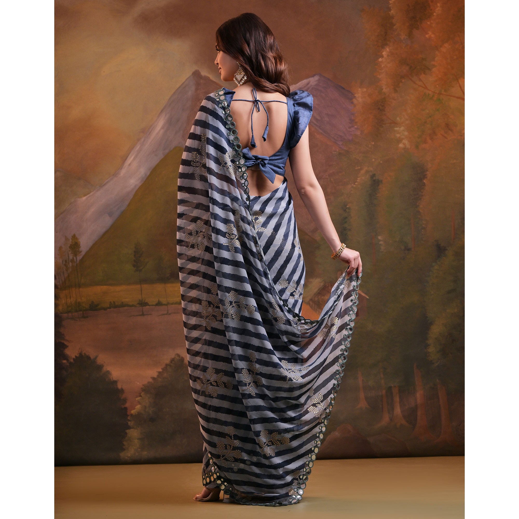 Blue Leheriya With Floral Foil Printed Georgette Saree
