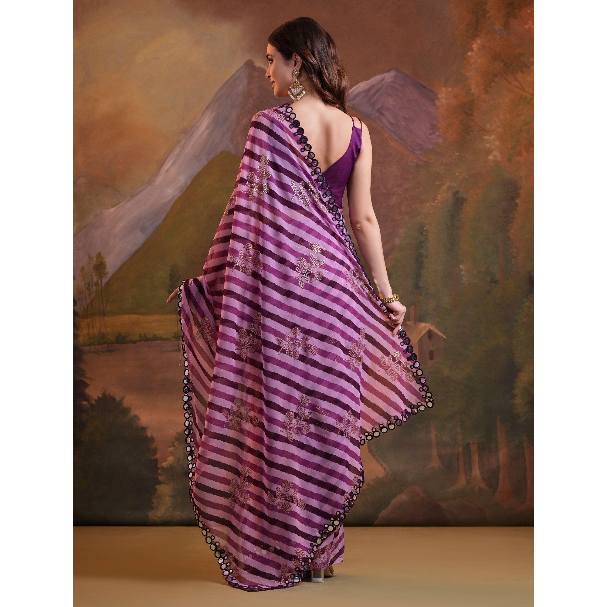 Purple Leheriya With Floral Foil Printed Georgette Saree
