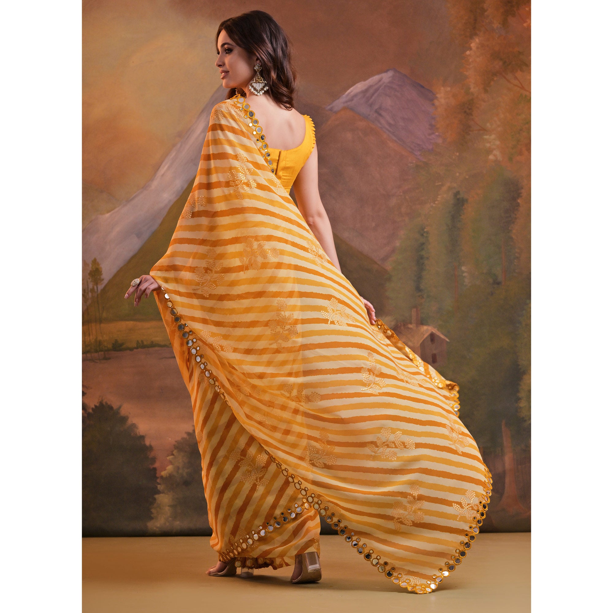 Yellow Leheriya With Floral Foil Printed Georgette Saree