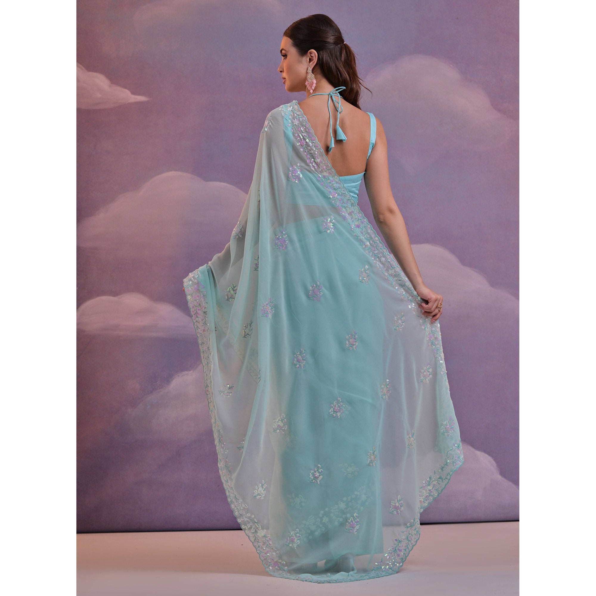 Blue Floral Sequins Embroidered Saree