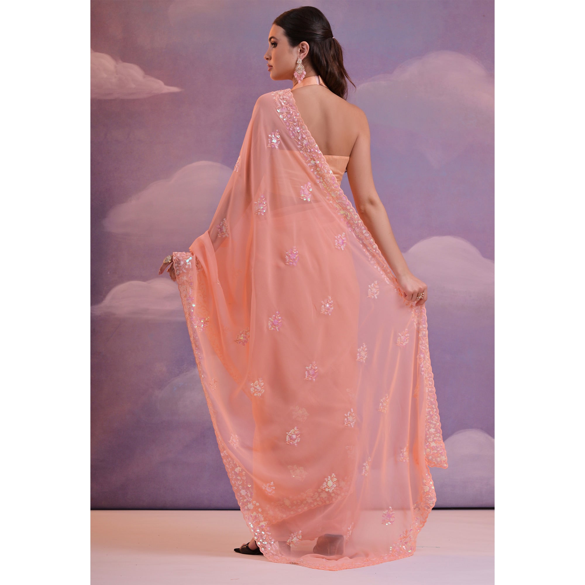 Peach Floral Sequins Embroidered Saree