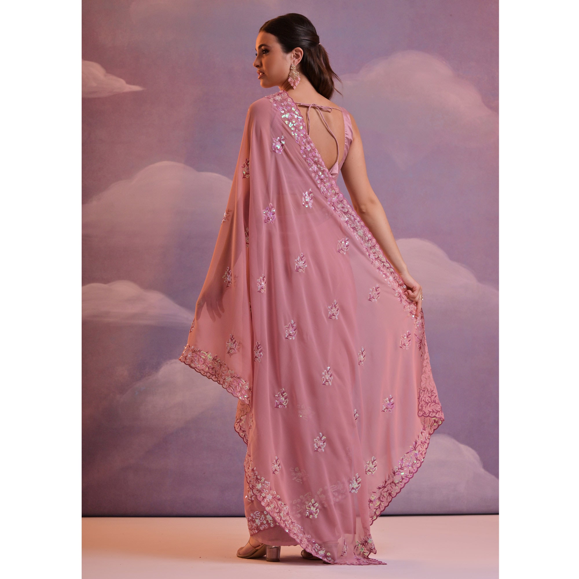 Mauve Floral Sequins Embroidered Saree