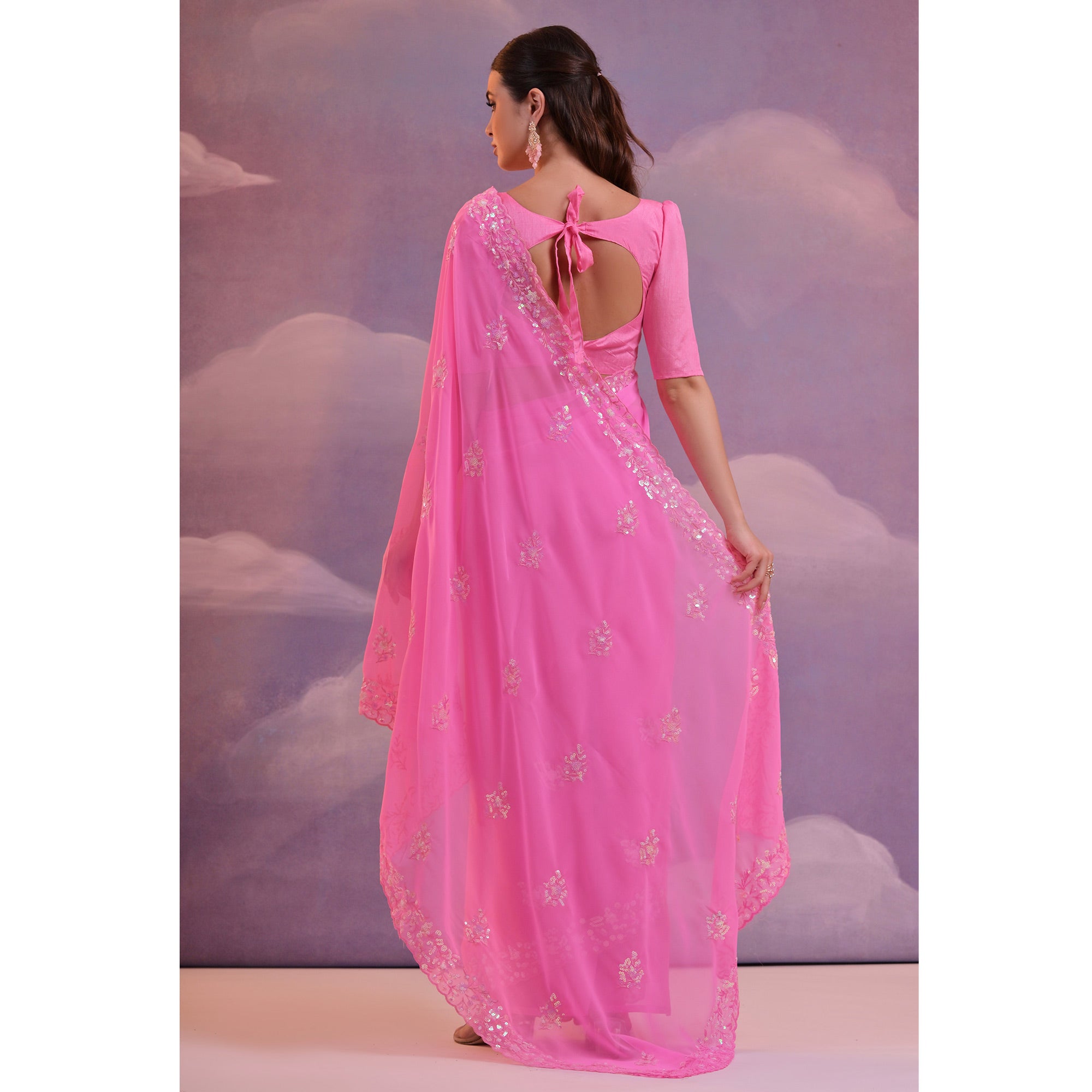 Pink Floral Sequins Embroidered Saree