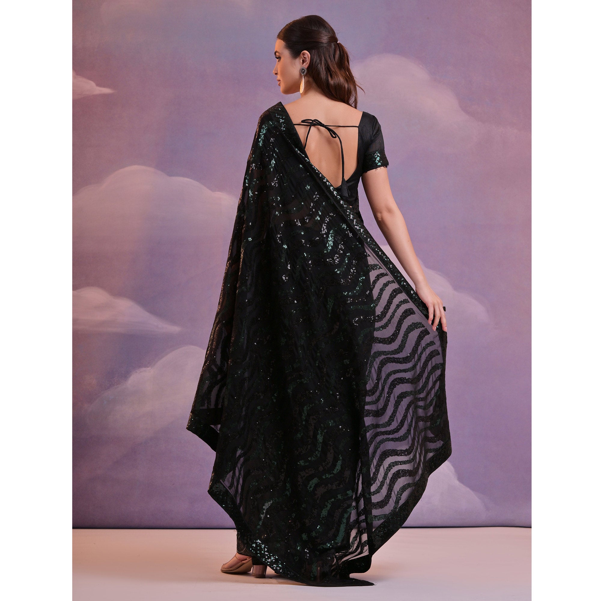 Black Sequins Embroidered Georgette Saree With Lace Border