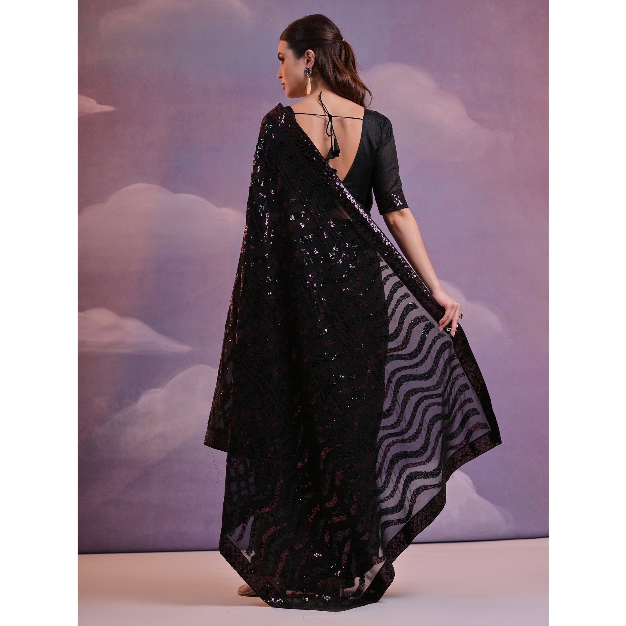 Black Sequins Embroidered Georgette Saree With Lace Border