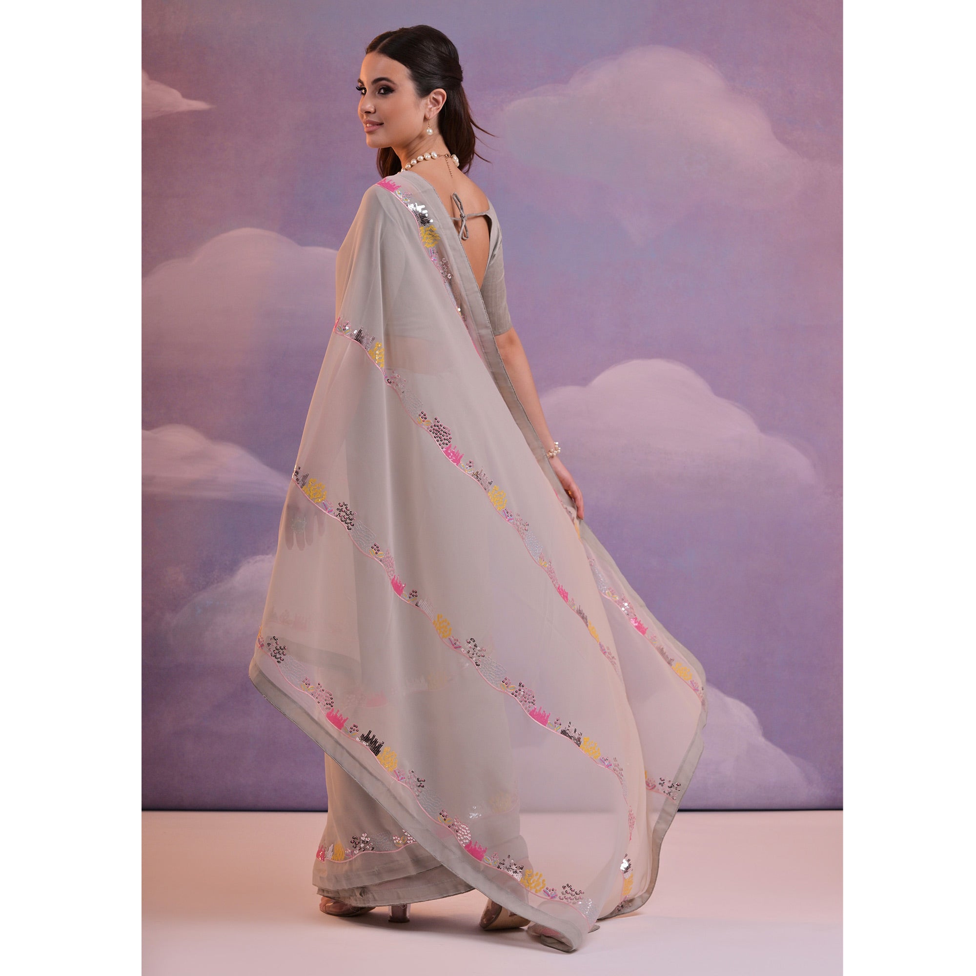 Grey Sequins Embroidered Georgette Saree With Lace Border