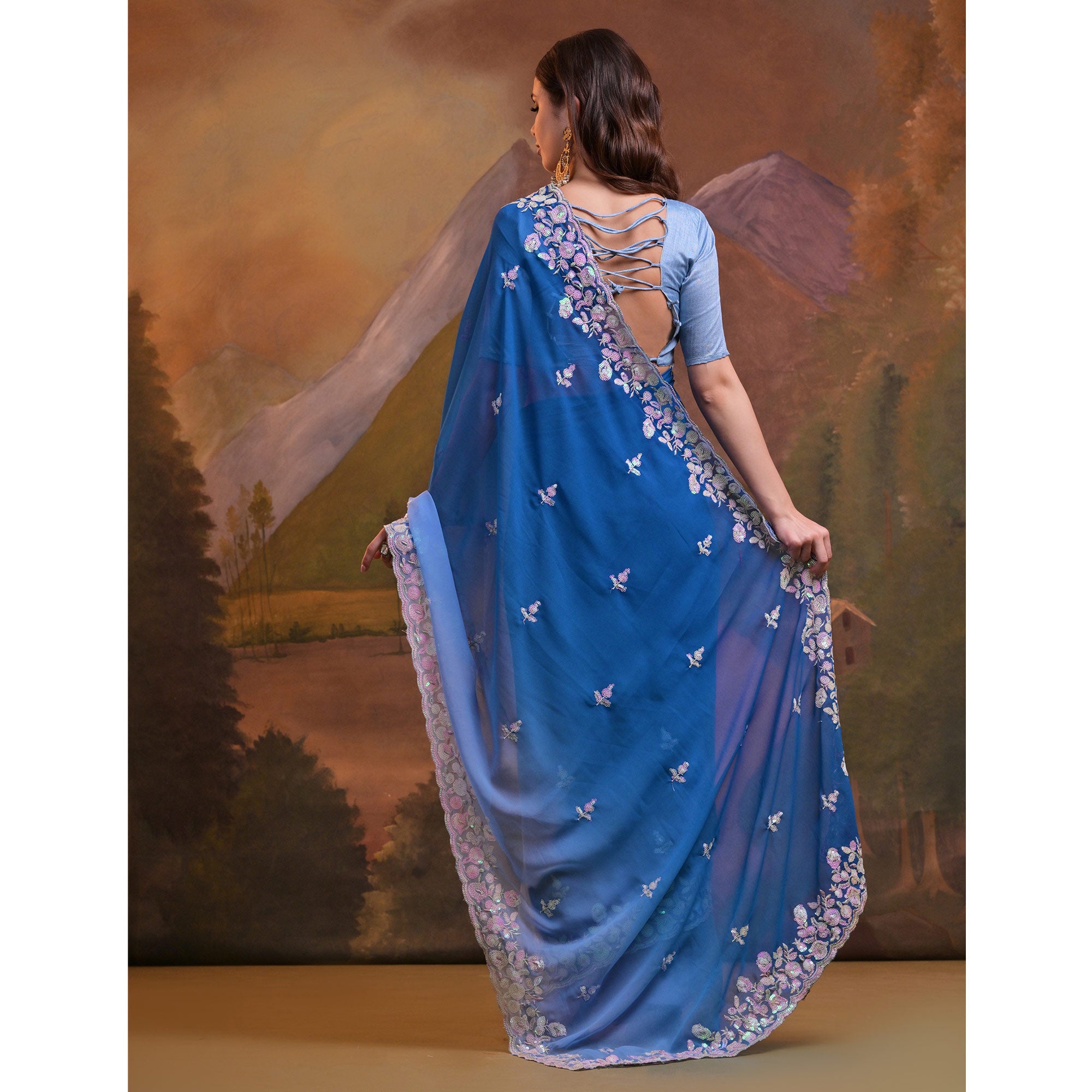 Blue Floral Sequins Embroidered Georgette Saree