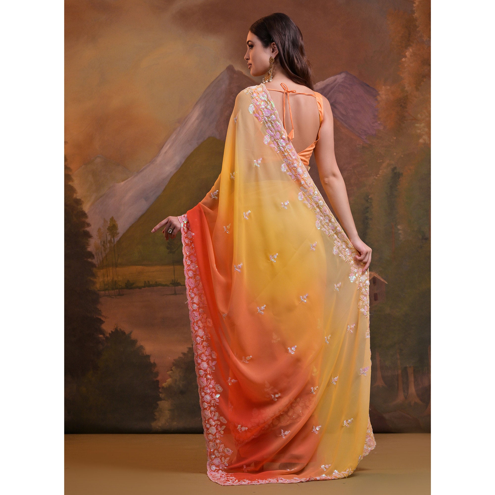 Yellow & Orange Floral Sequins Embroidered Georgette Saree