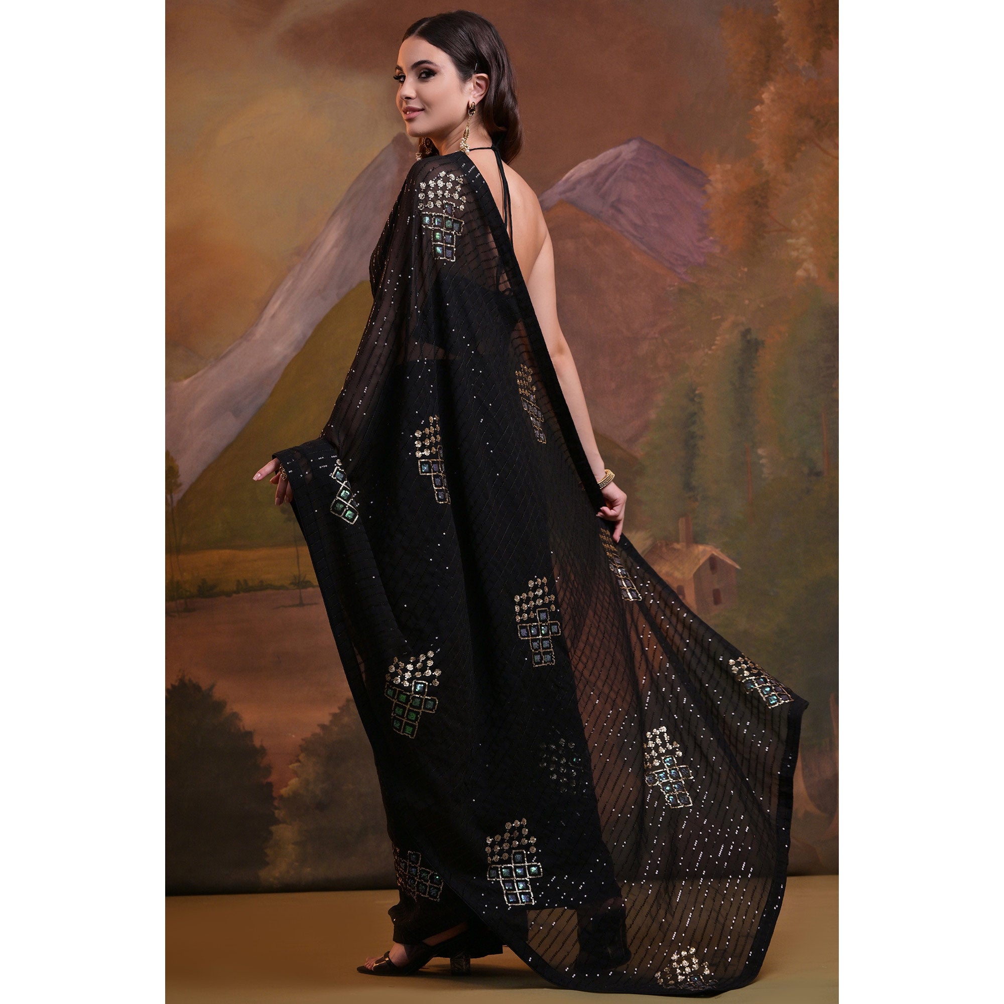 Black Sequins Embroidered Georgette Saree