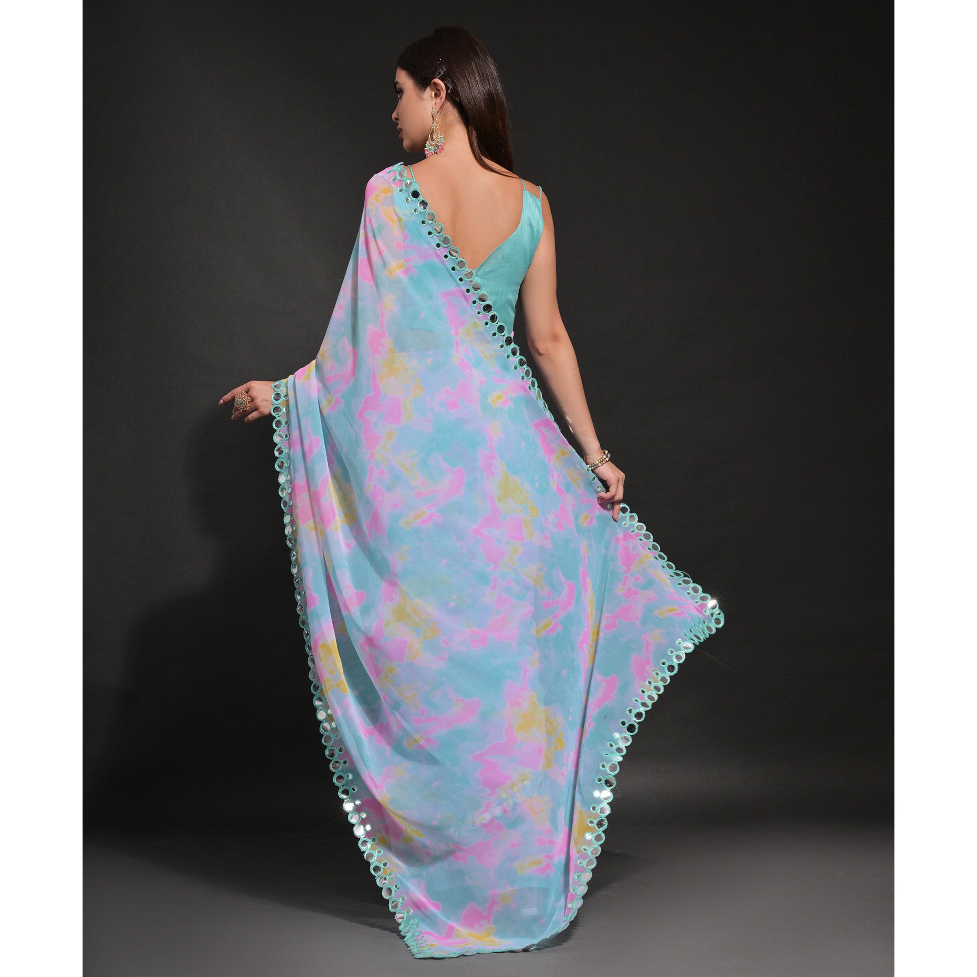 Blue Printed Georgette Saree With Embroidered Lace