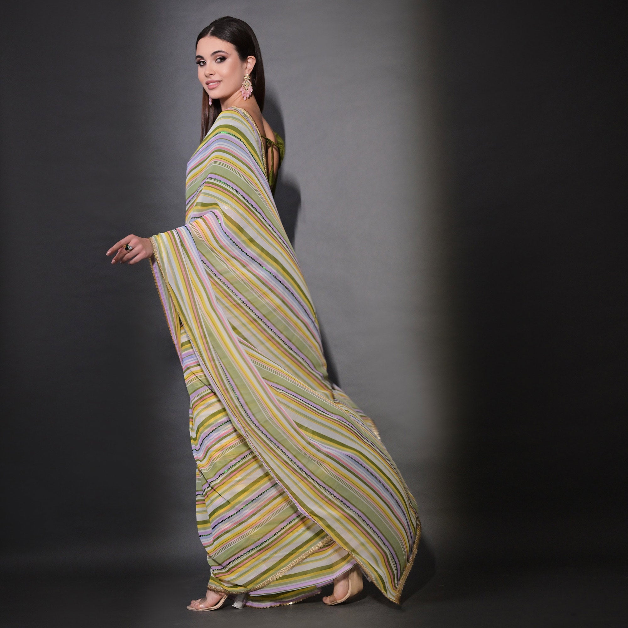 Green Striped Printed With Sequins Embroidered Georgette Saree