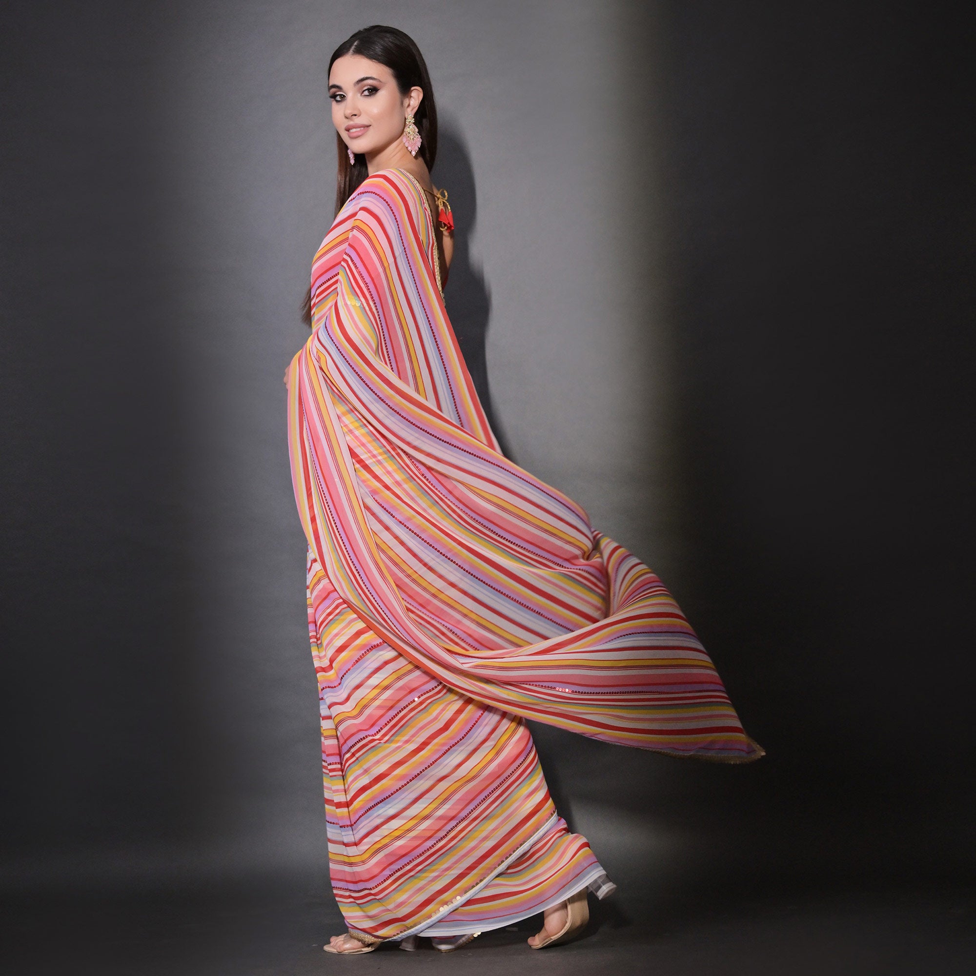 Red Striped Printed With Sequins Embroidered Georgette Saree