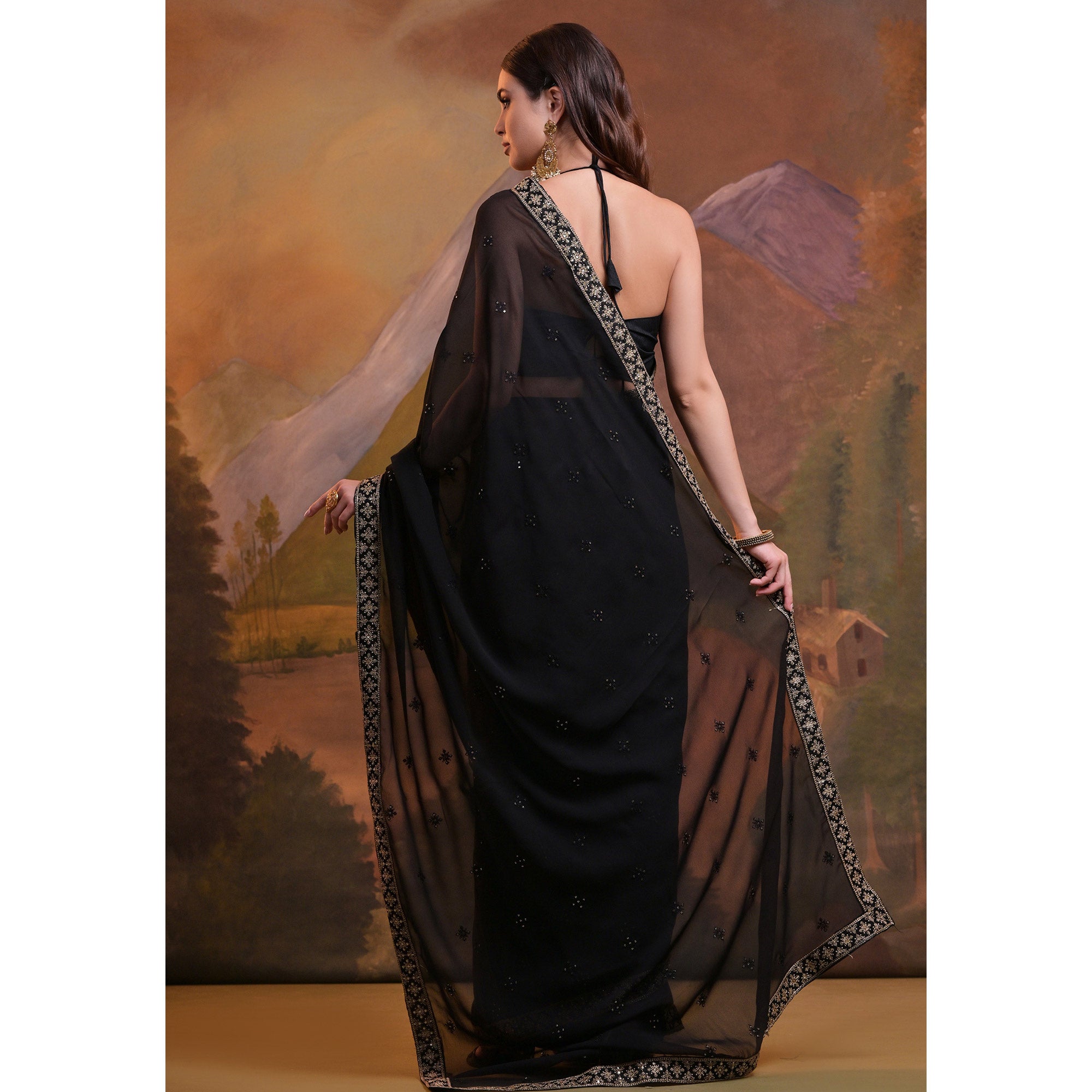 Black Butti Sequins Embroidered Georgette Saree