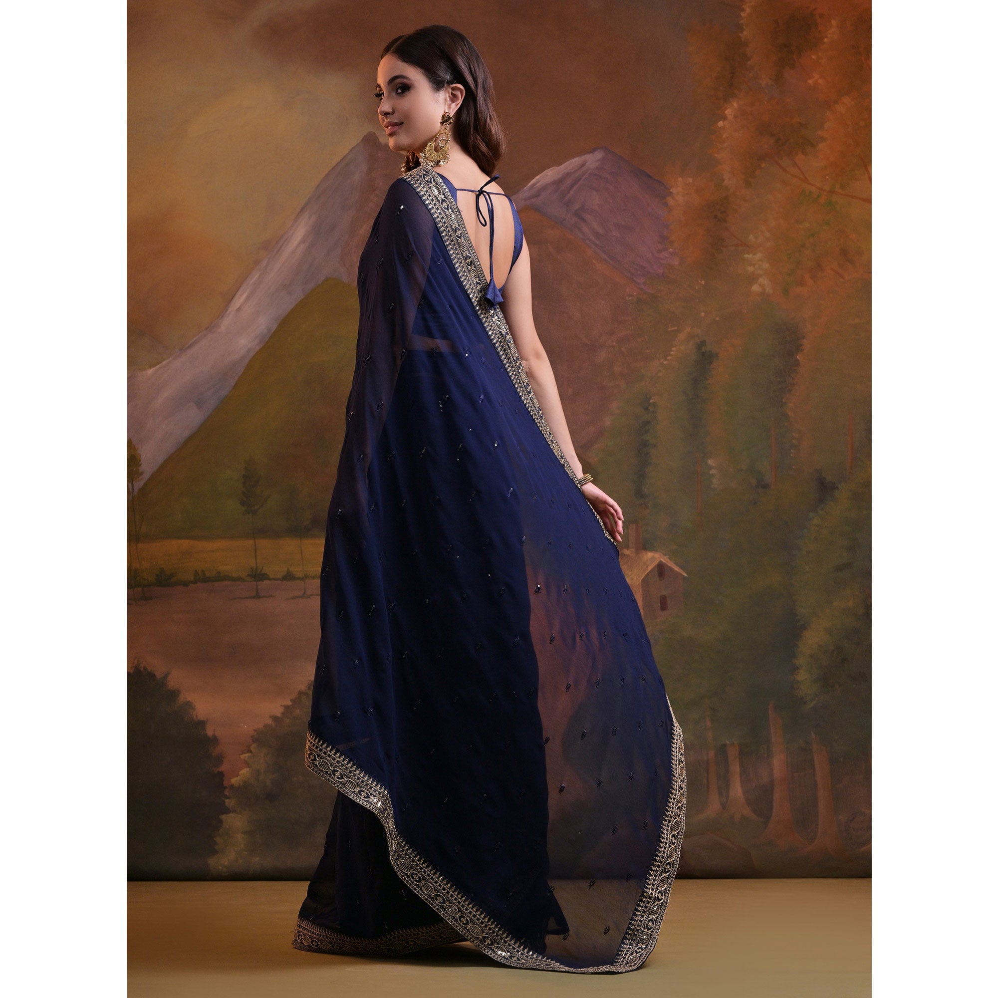 Blue Butti Sequins Embroidered Georgette Saree