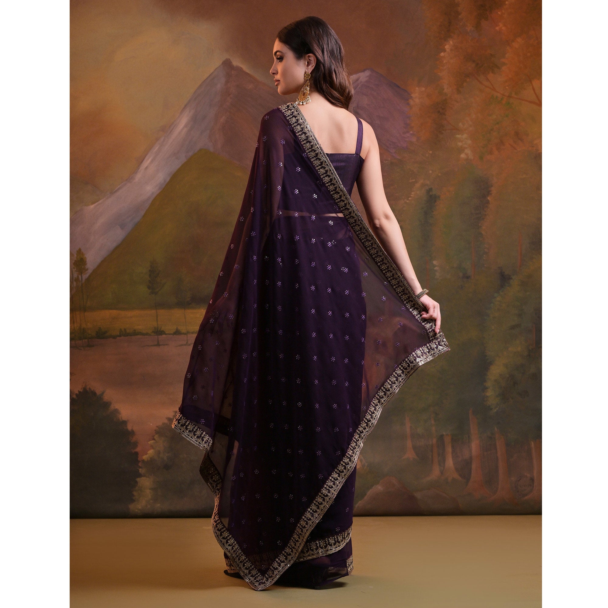 Purple Butti Sequins Embroidered Georgette Saree