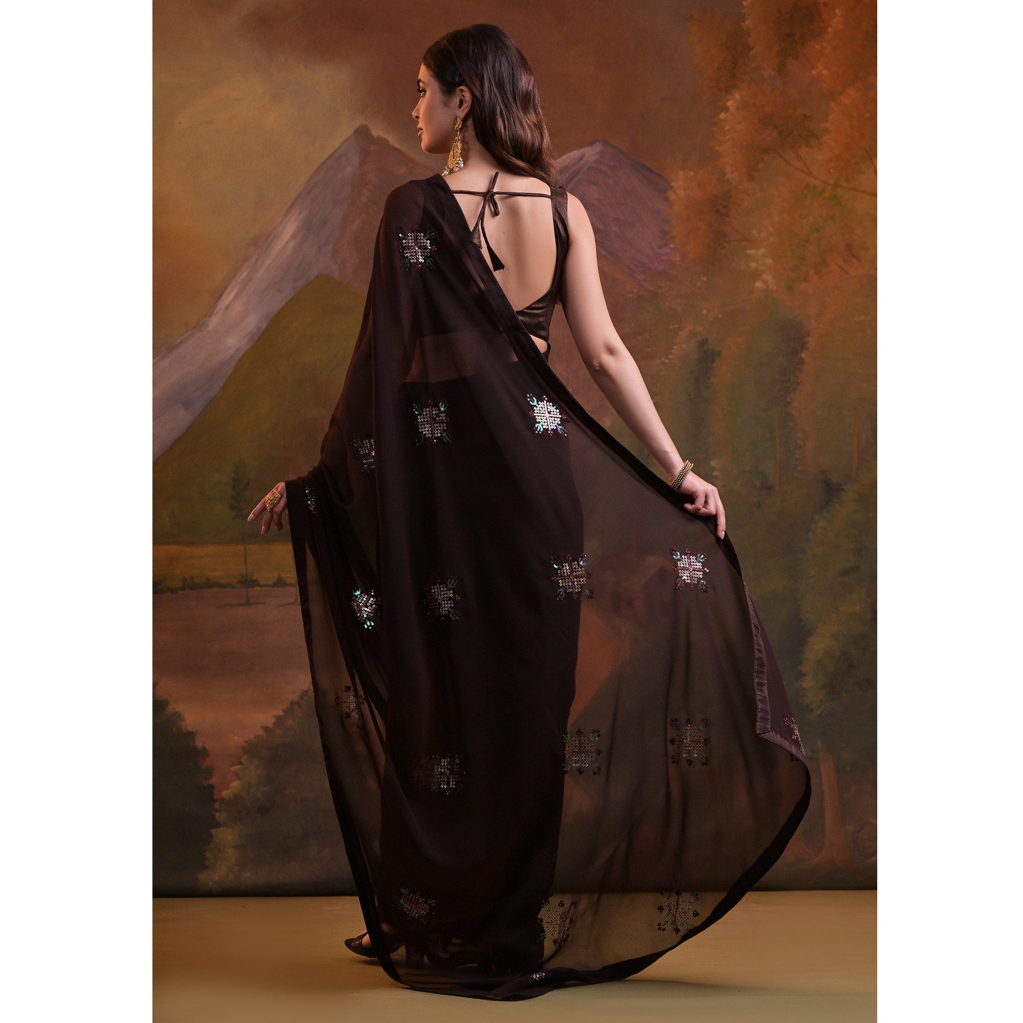 Brown Sequins Embroidered Georgette Saree