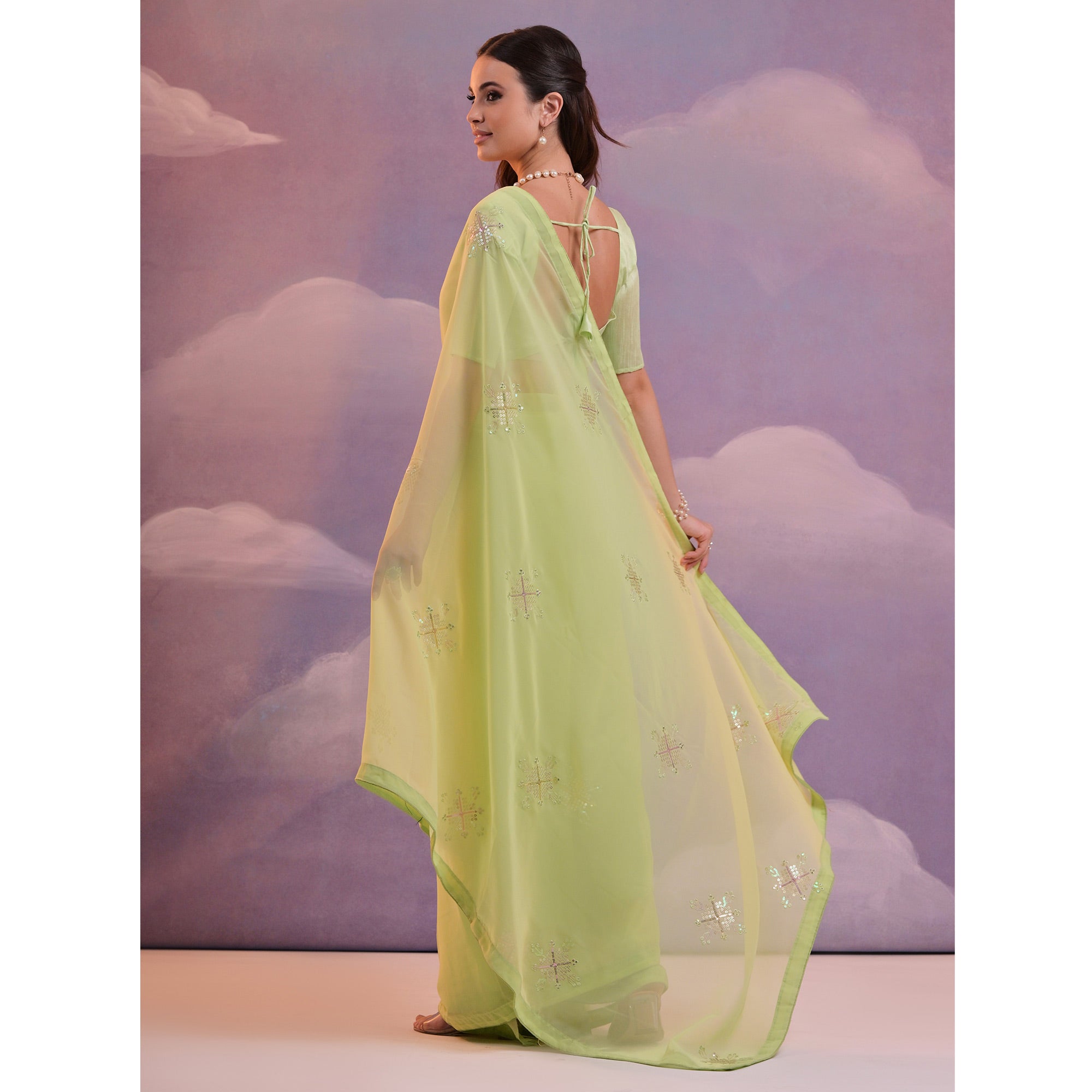Green Sequins Embroidered Georgette Saree