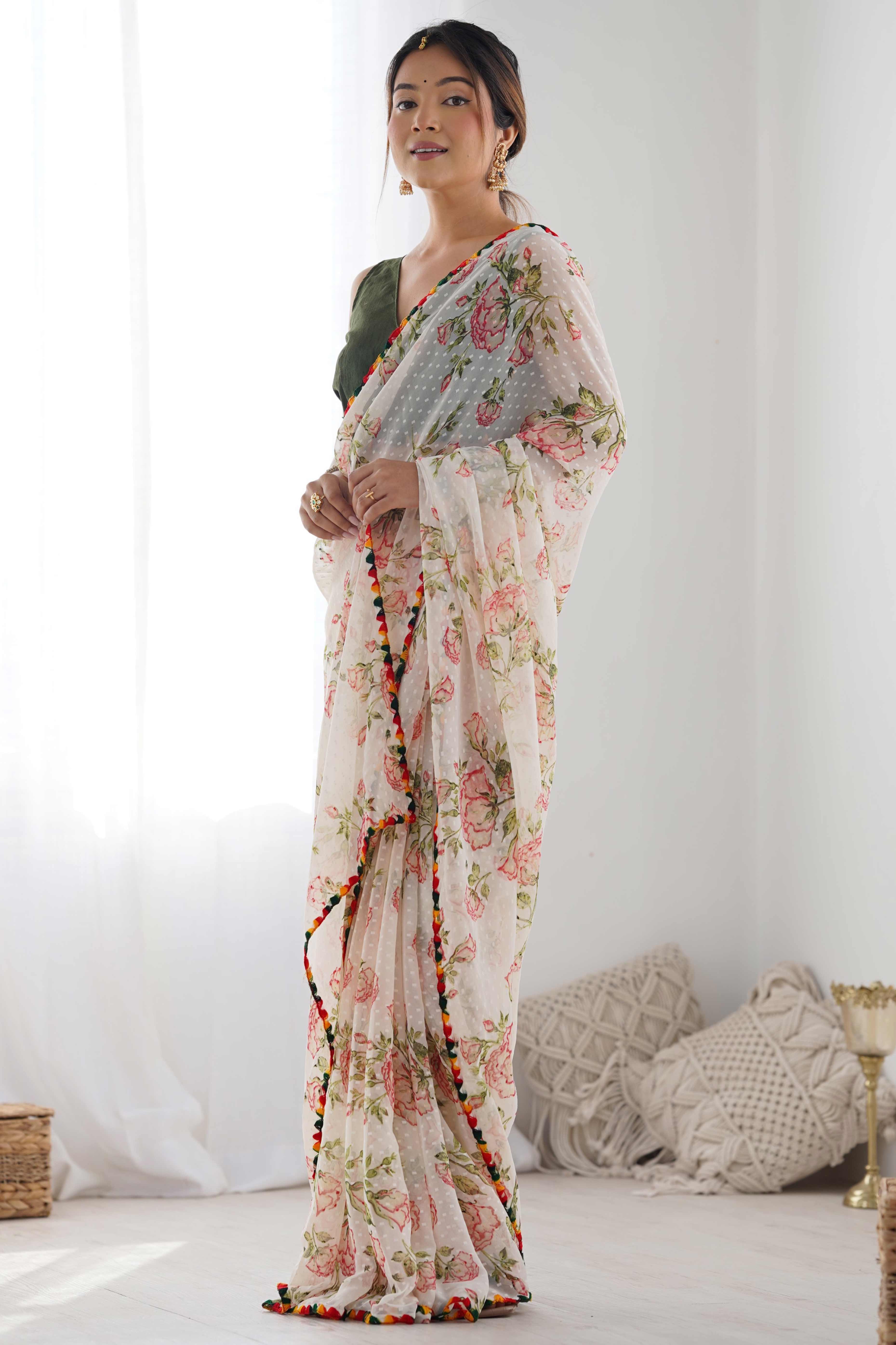 Off White Floral Printed Georgette Saree