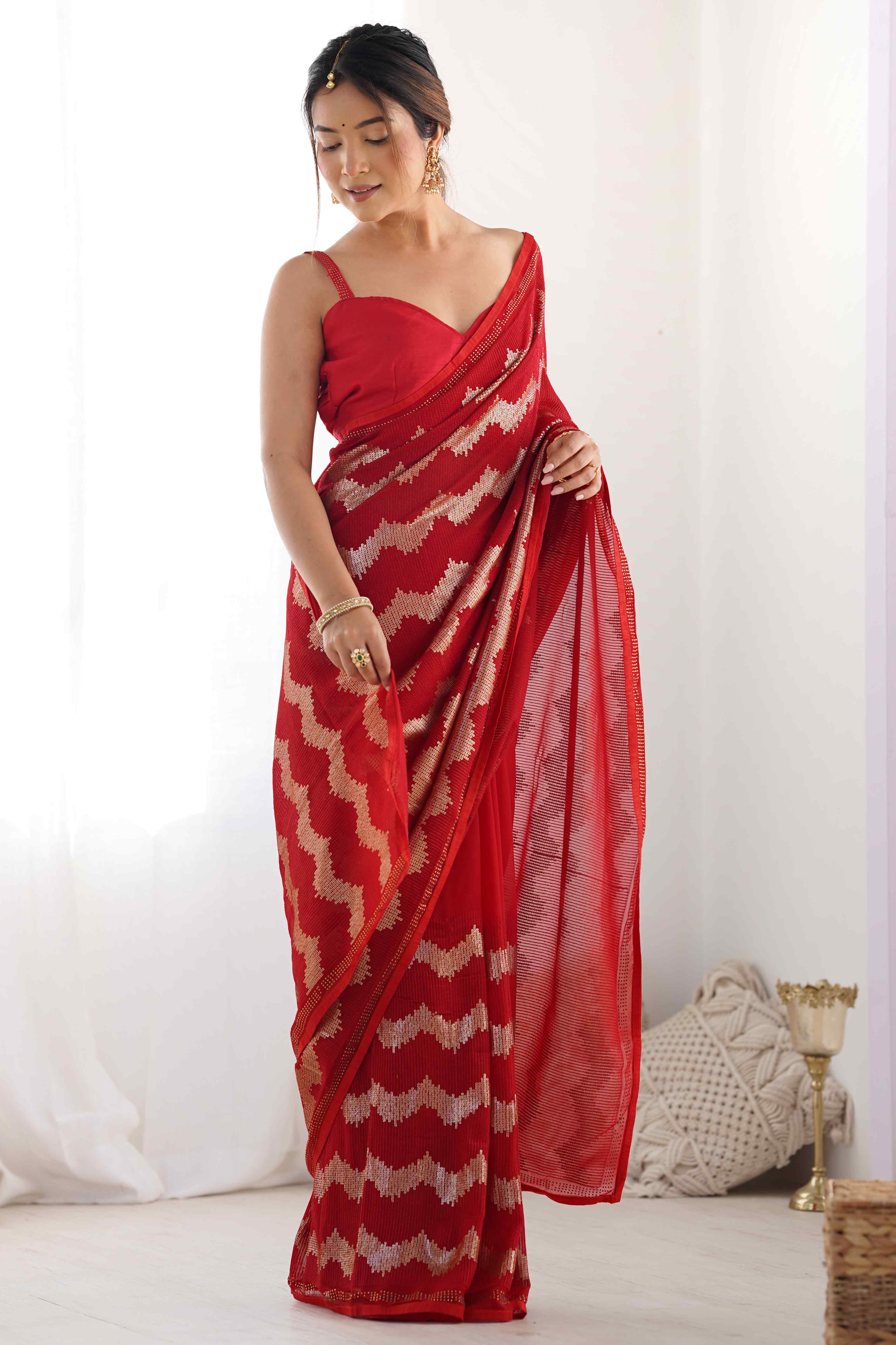 Red Sequins Embroidered Georgette Saree