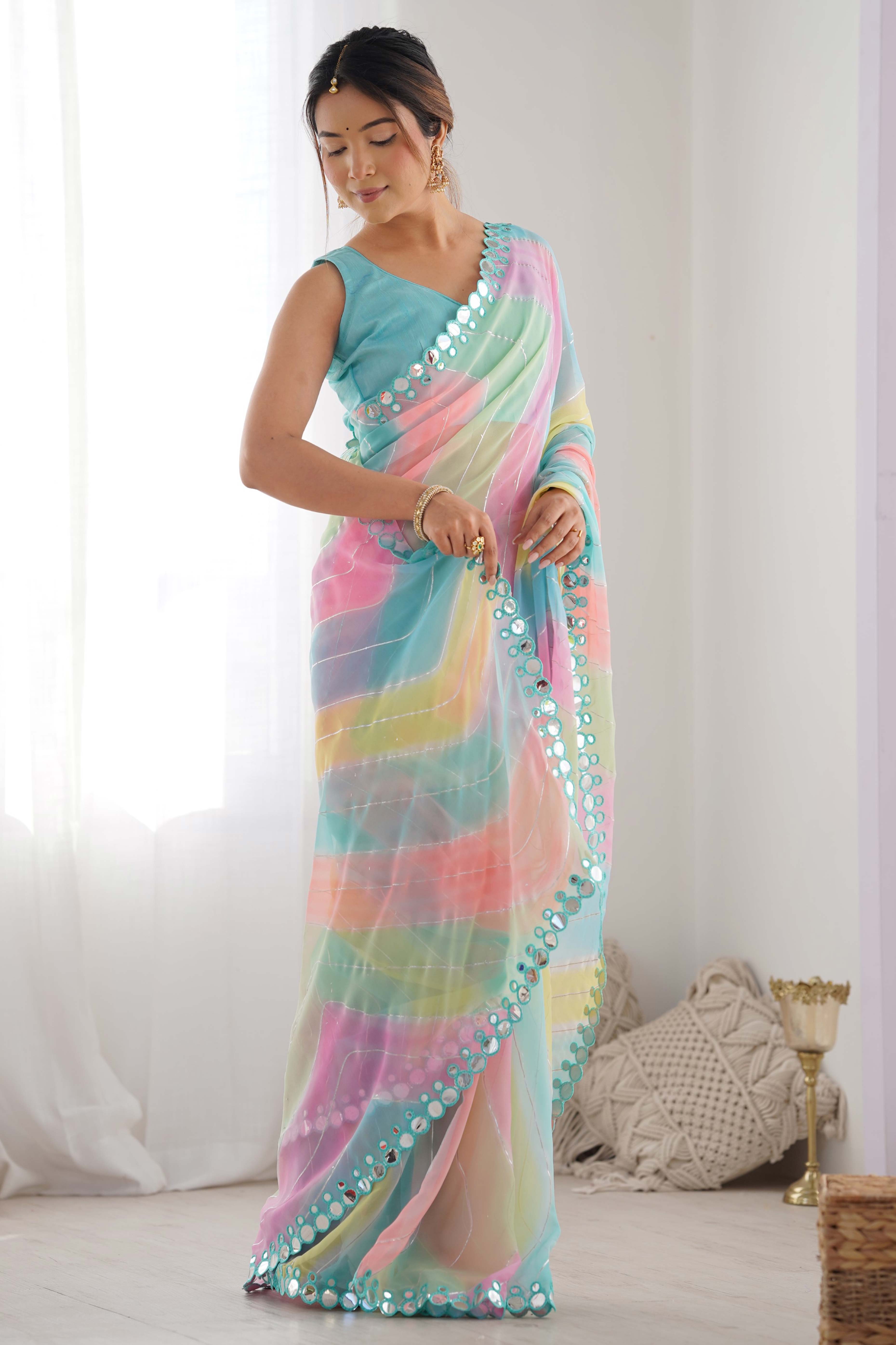 Multicolor Mirror Work Embroidered Georgette Saree