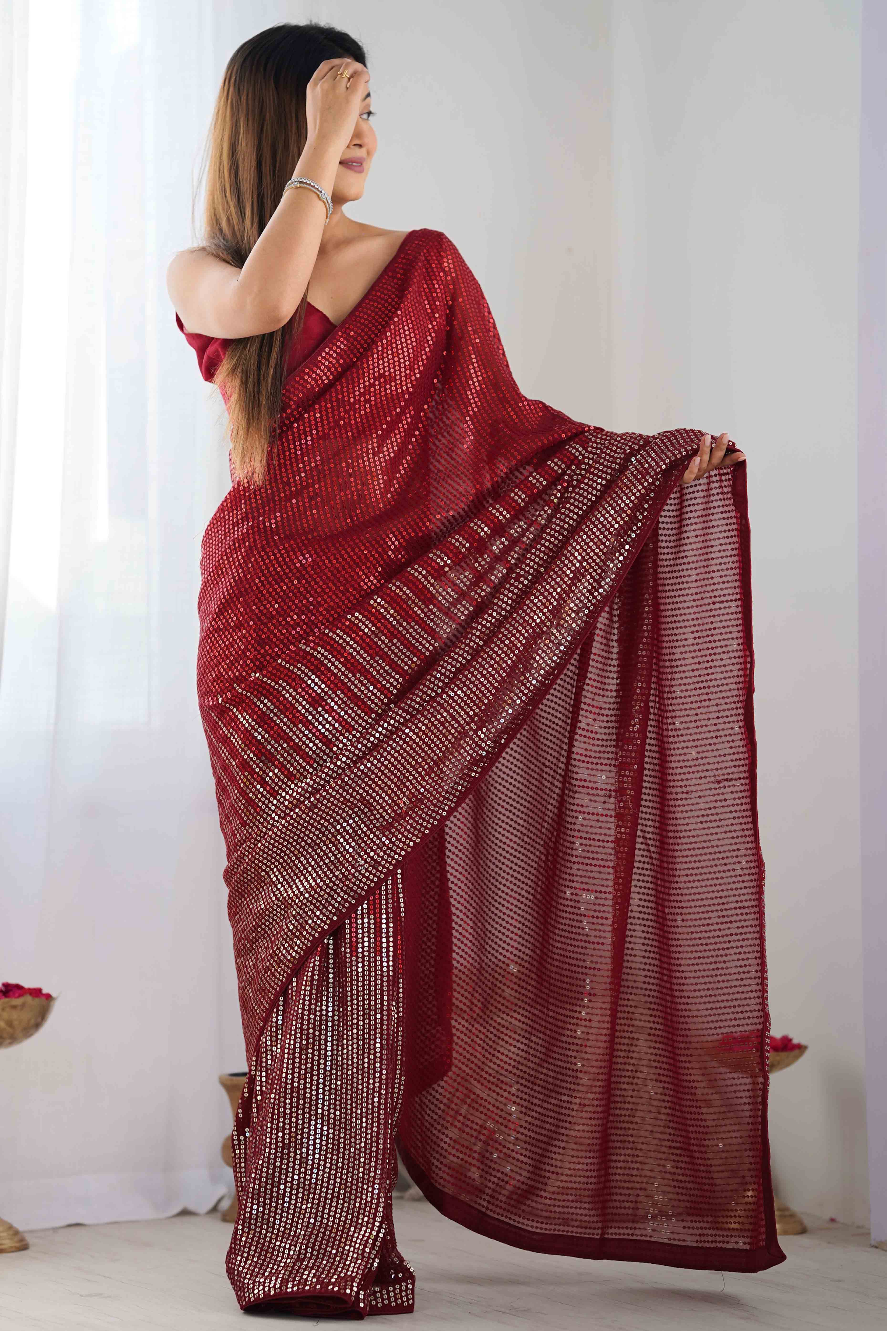 Maroon Sequins Embroidered Georgette Saree