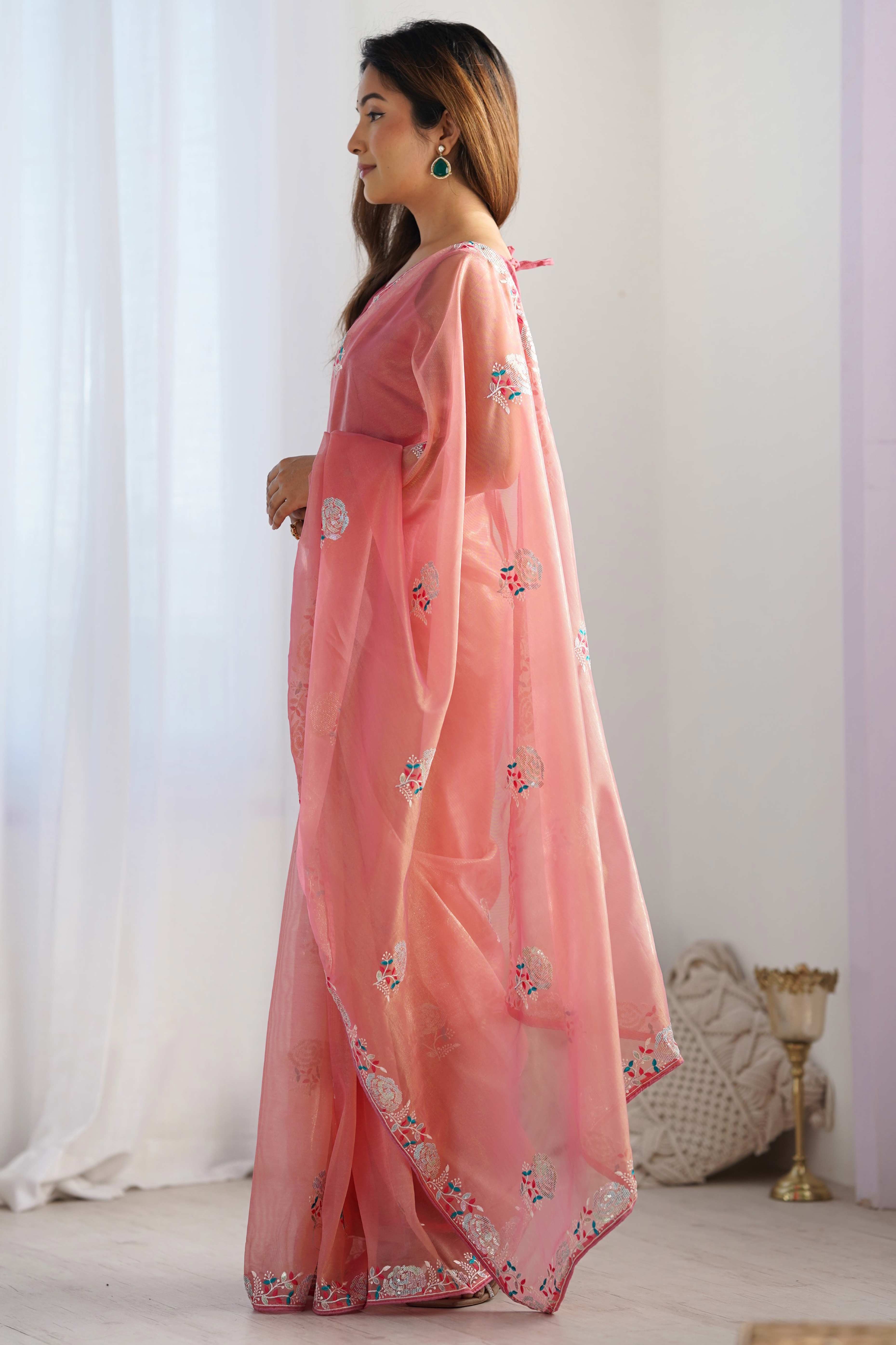 Peach Floral Embroidered Net Saree