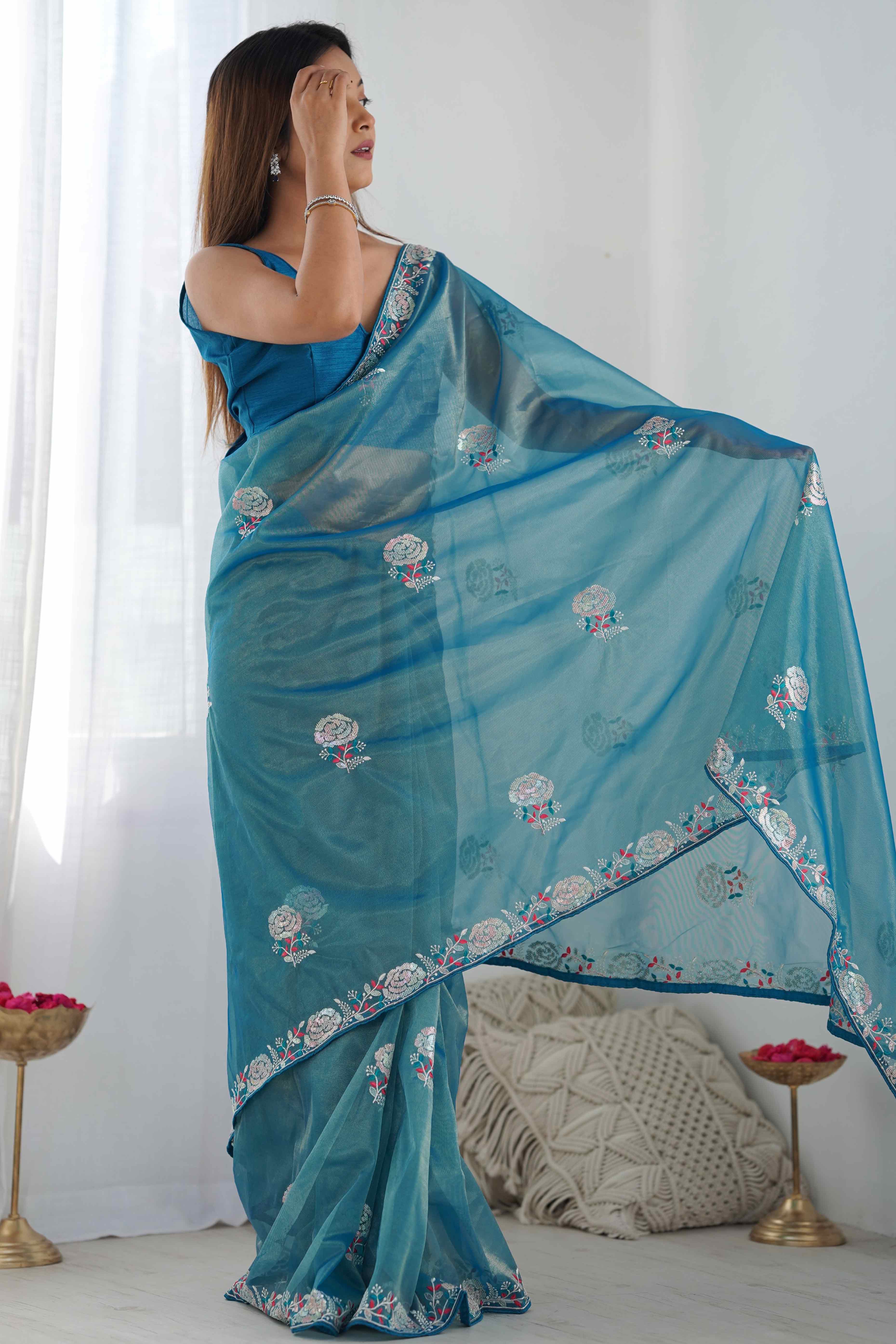 Dusty Teal Floral Embroidered Net Saree