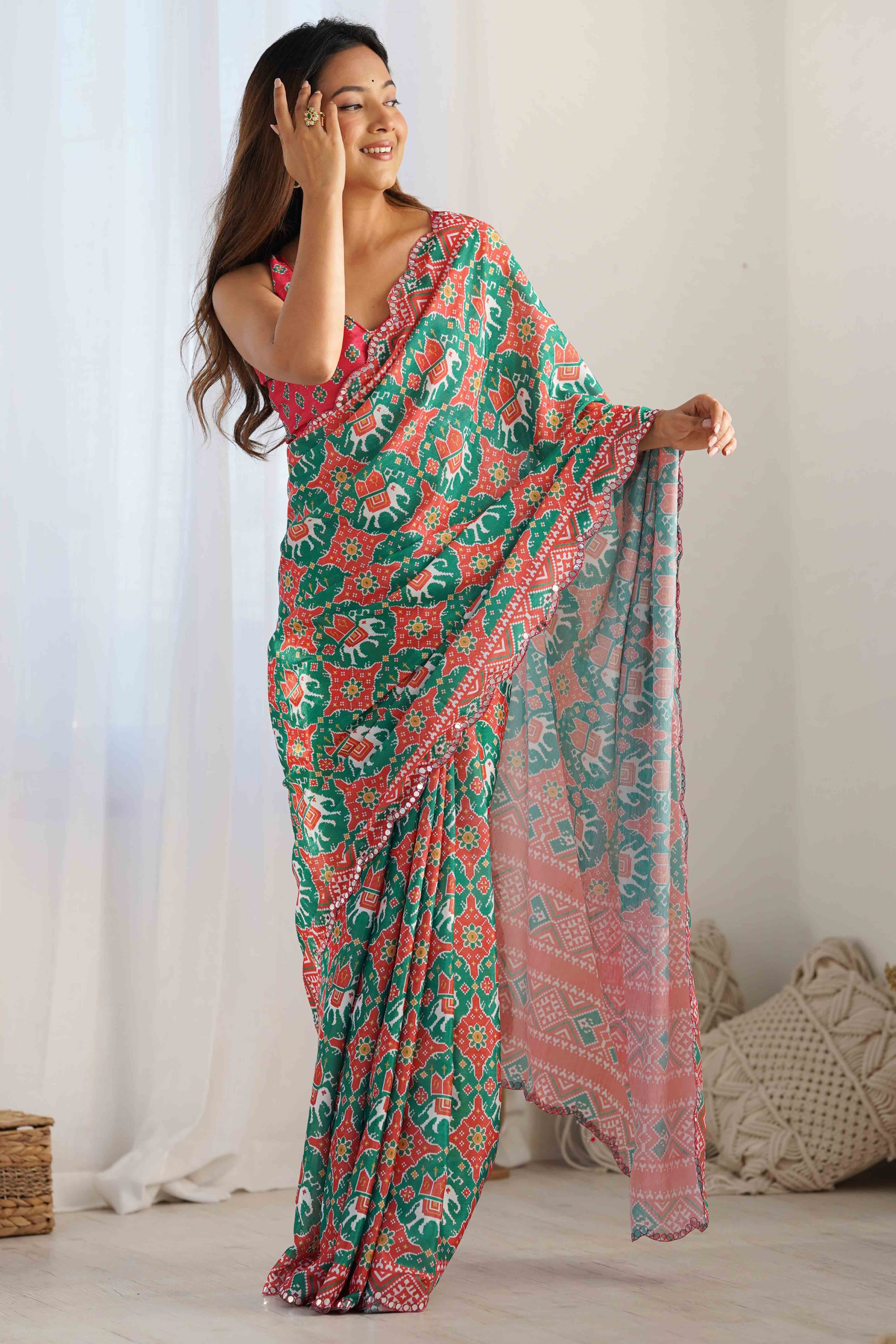 Rama Green Patola Printed Chinon Saree