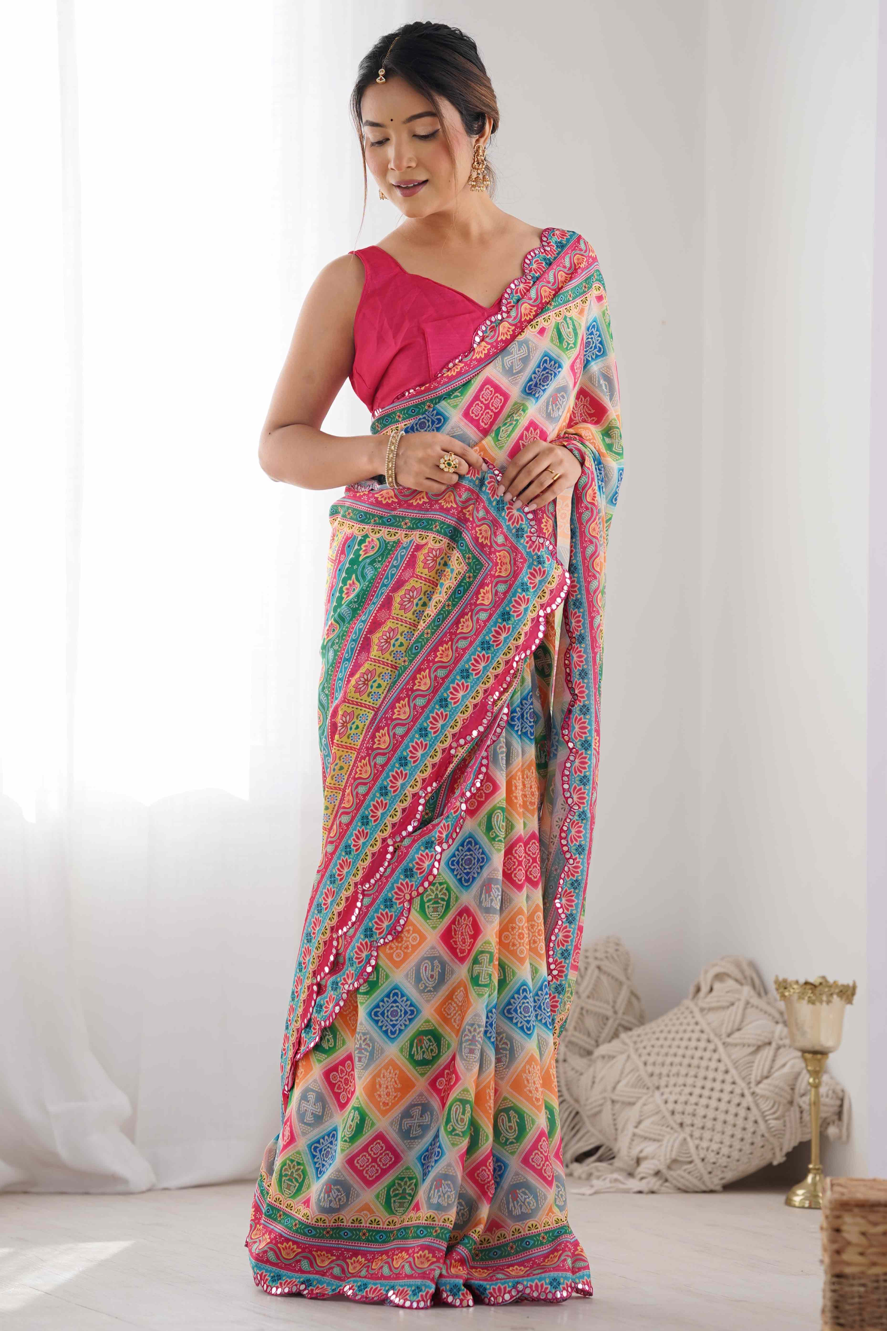 Multicolor Bandhani Printed Chinon Saree