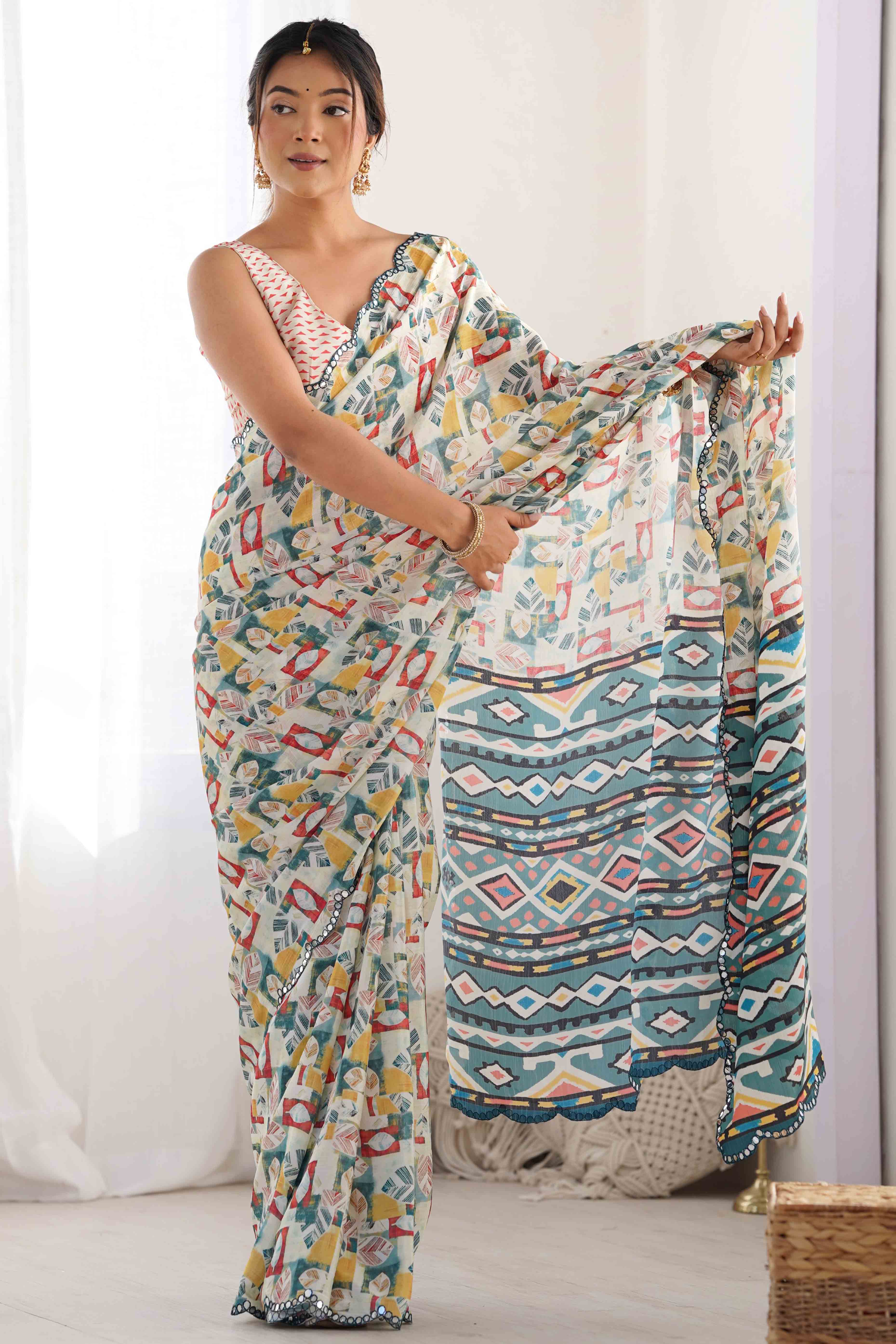 Off White Abstract Printed Chinon Saree