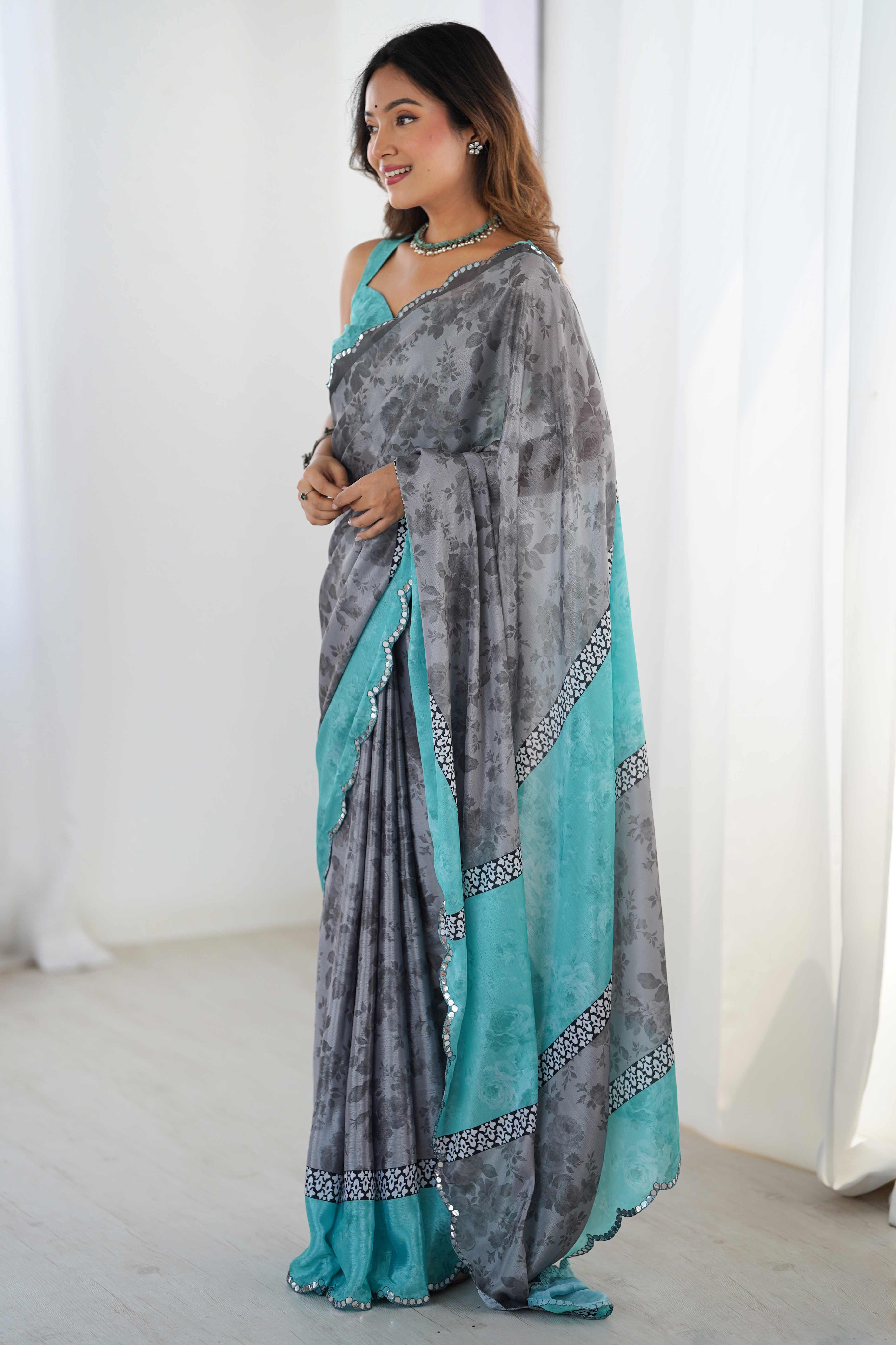 Grey Floral Printed Chinon Saree With Shimmering Mirror Detailing