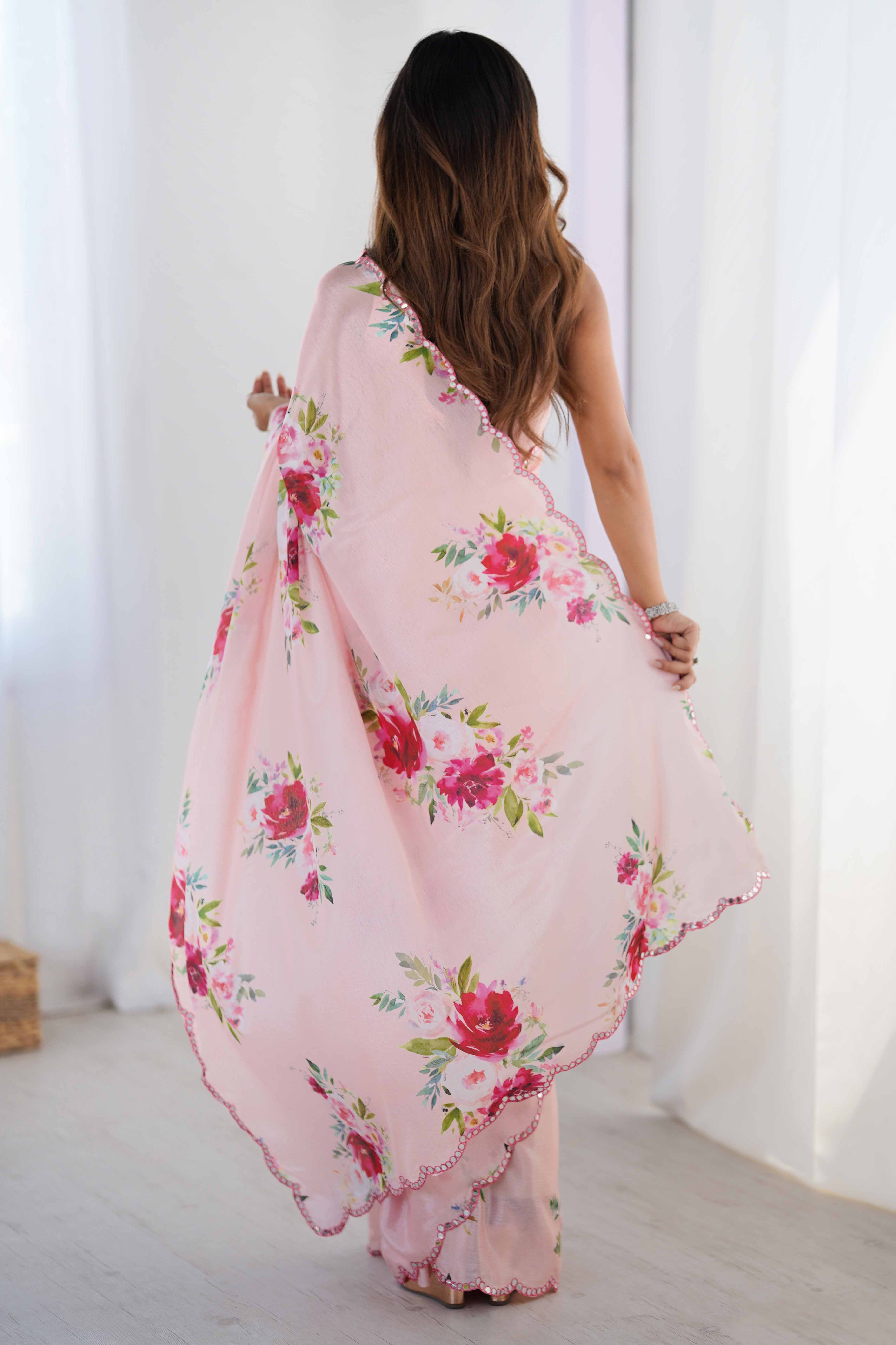 Pink Chinon Saree with Glimmering Mirror Work and Floral Prints