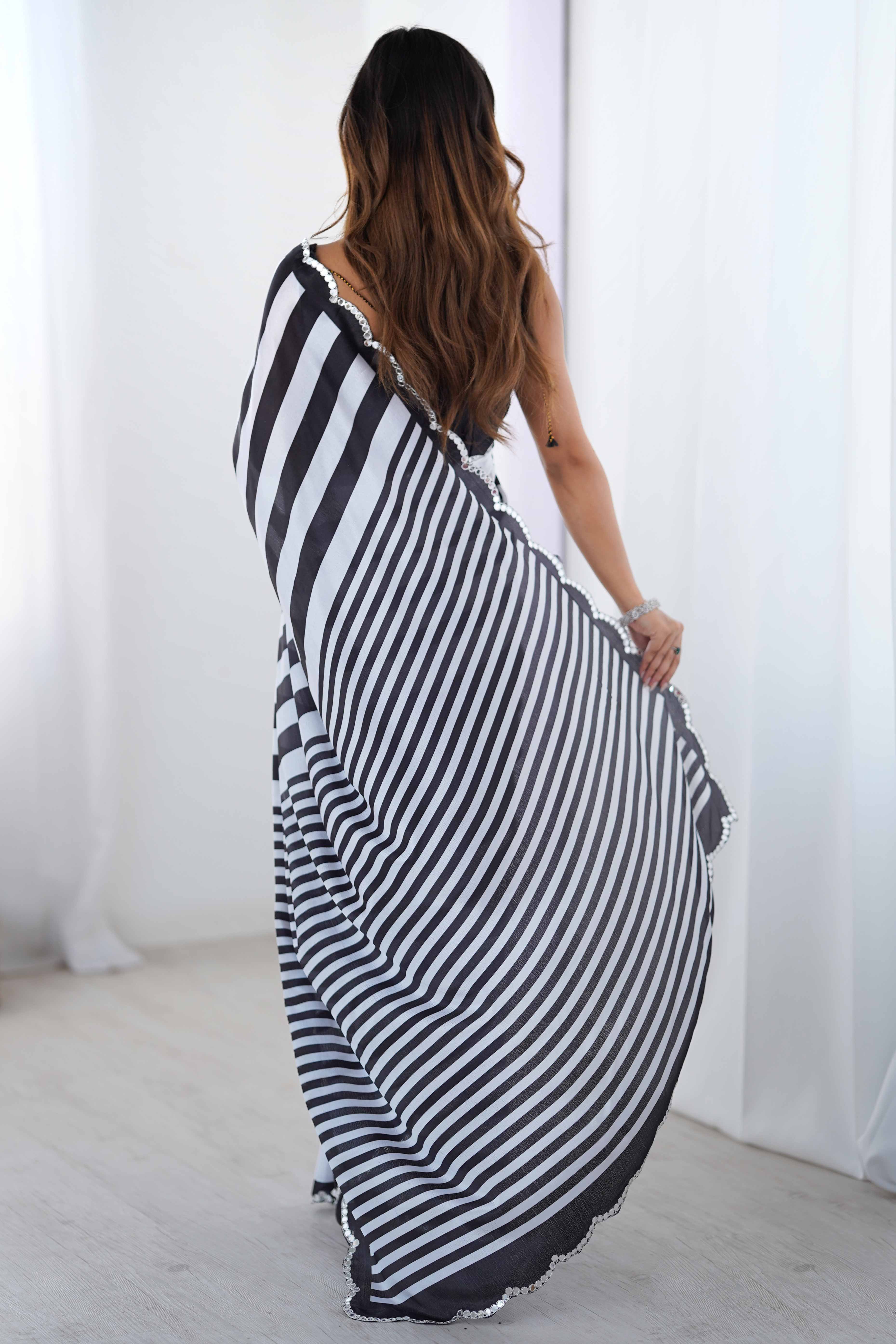 Black & White Chinon Saree with Glimmering Mirror Work and Floral Prints