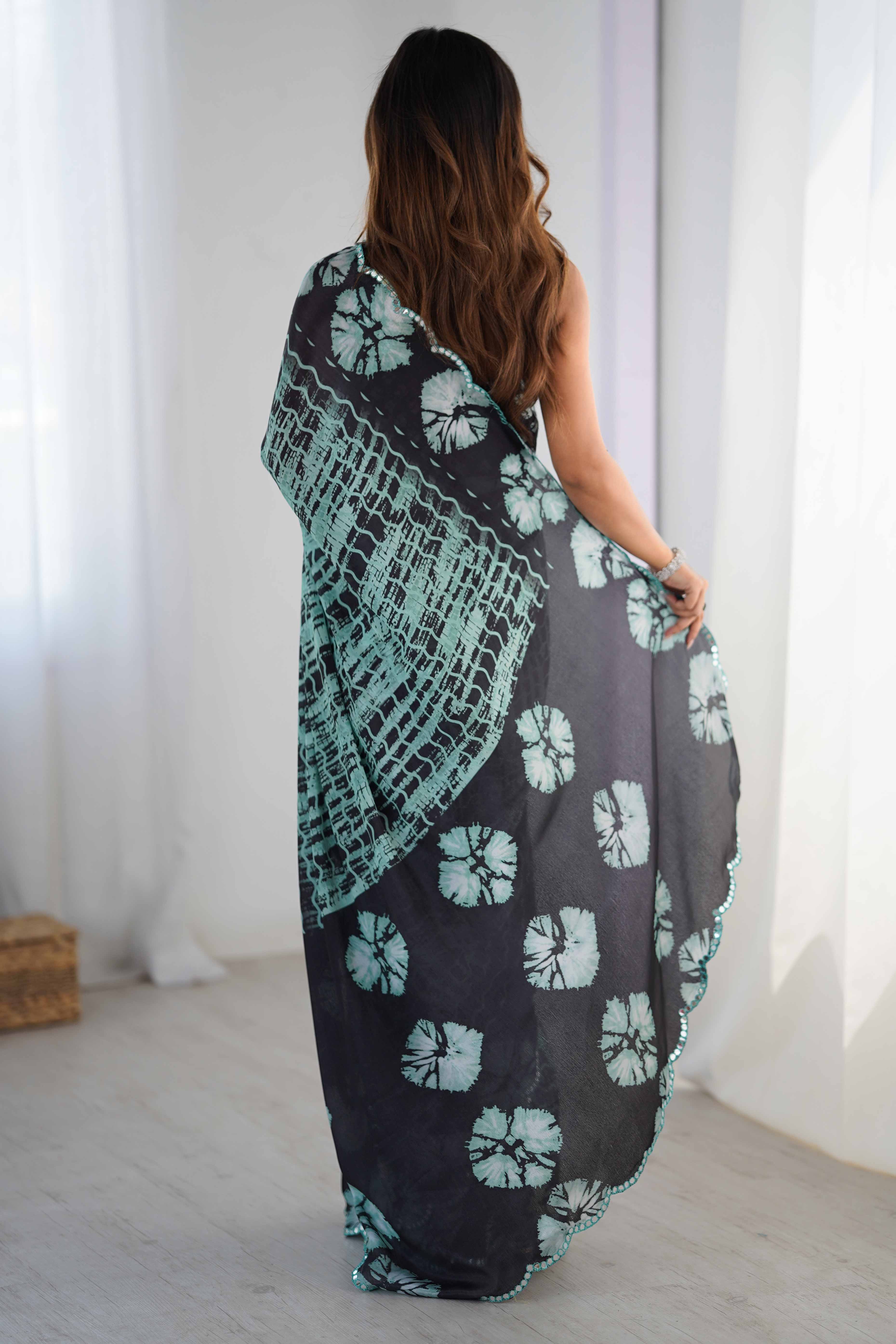 Sea Green & Black Chinon Saree with Glimmering Kutchi Mirror Work and Print