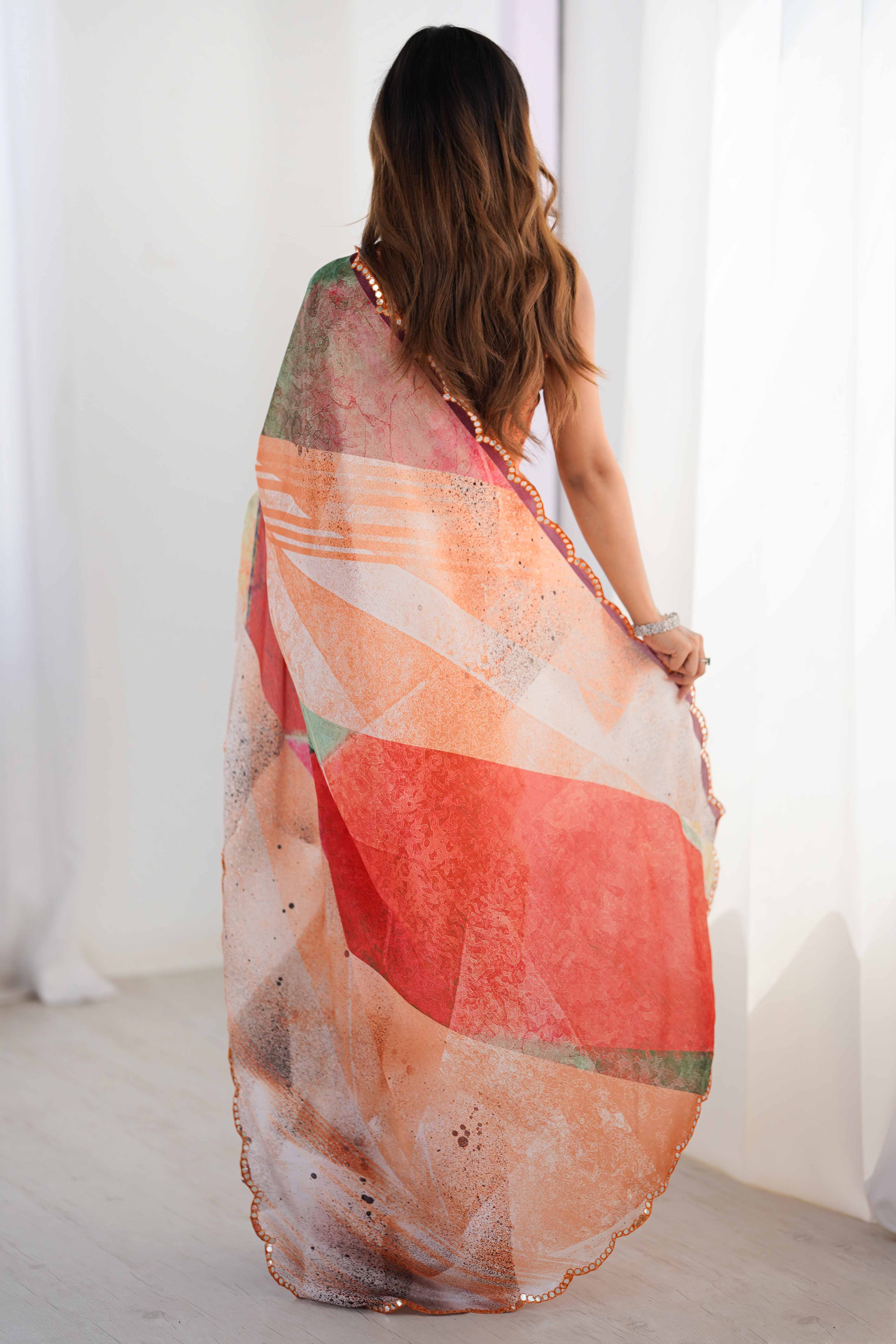 Multicolor Chinon Saree with Glimmering Kutchi Mirror Work and Print