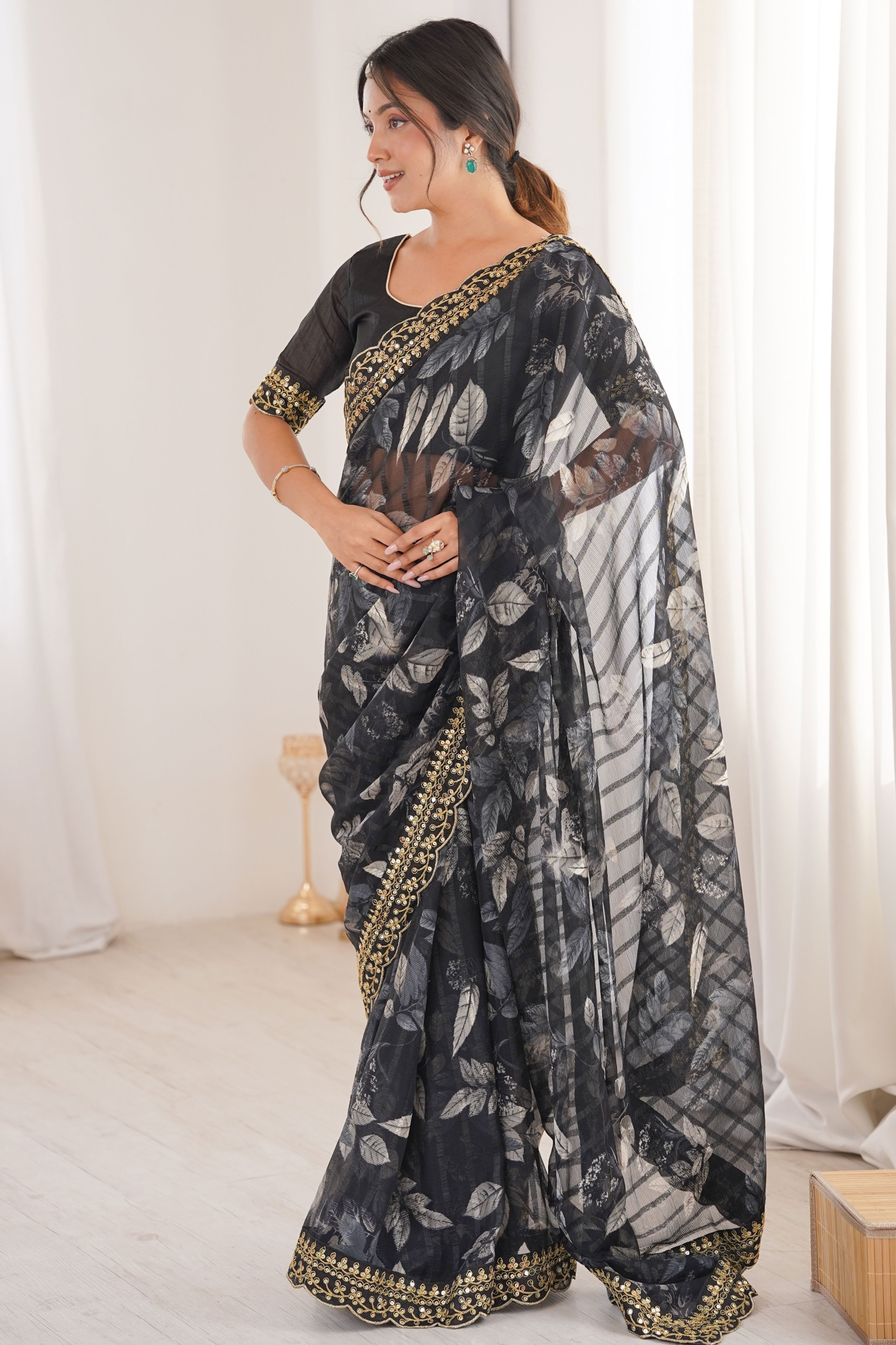 Elegant Black Leaf & Floral Print Georgette Saree With Intricate Cording Sequins Embroidery Border