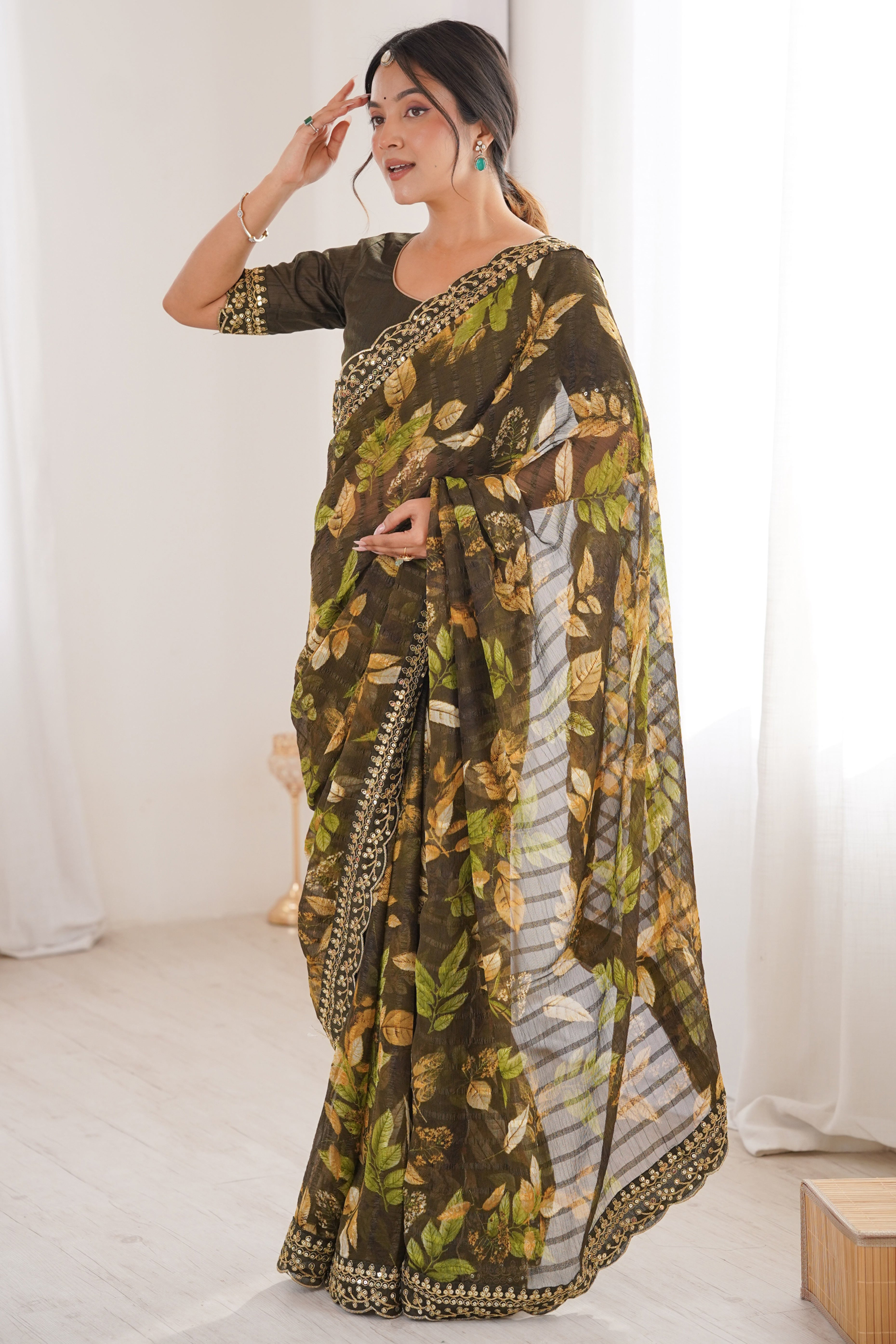 Elegant Green Leaf & Floral Print Georgette Saree With Intricate Cording Sequins Embroidery Border