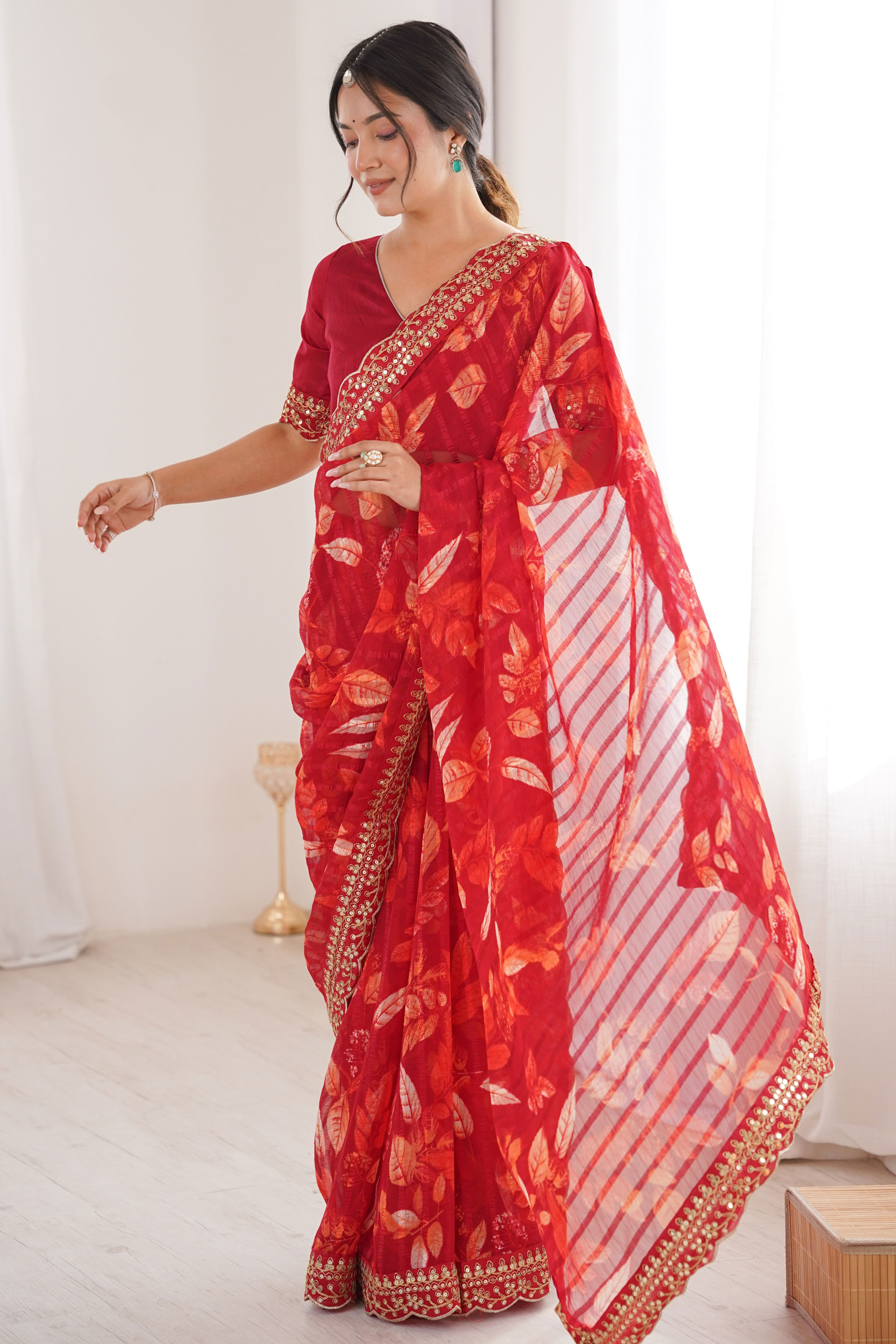 Elegant Red Leaf & Floral Print Georgette Saree With Intricate Cording Sequins Embroidery Border