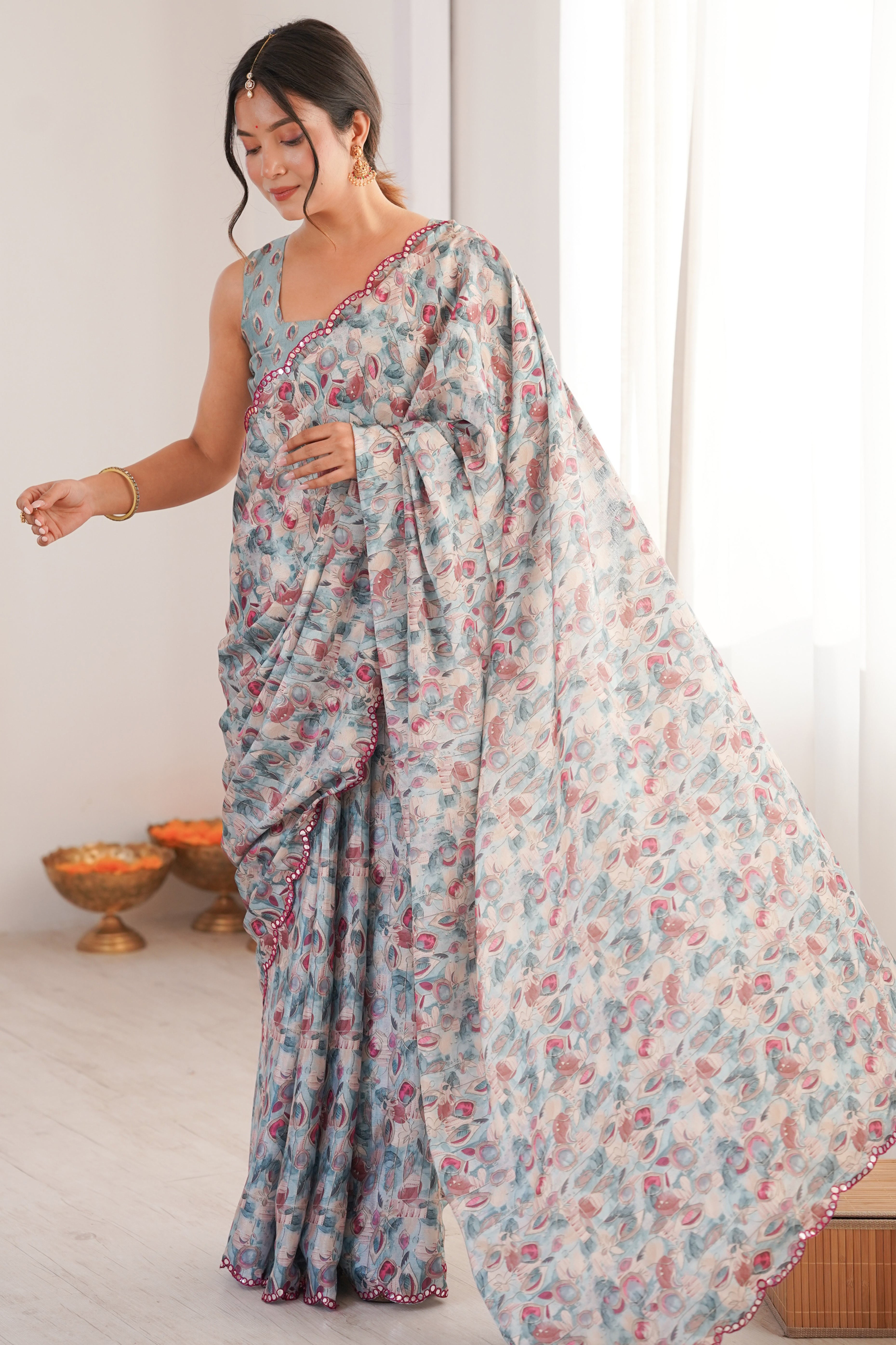 Chic Grey Floral Pattern Digital Printed Chinon Saree With Delicate Embroidered Border Detailing