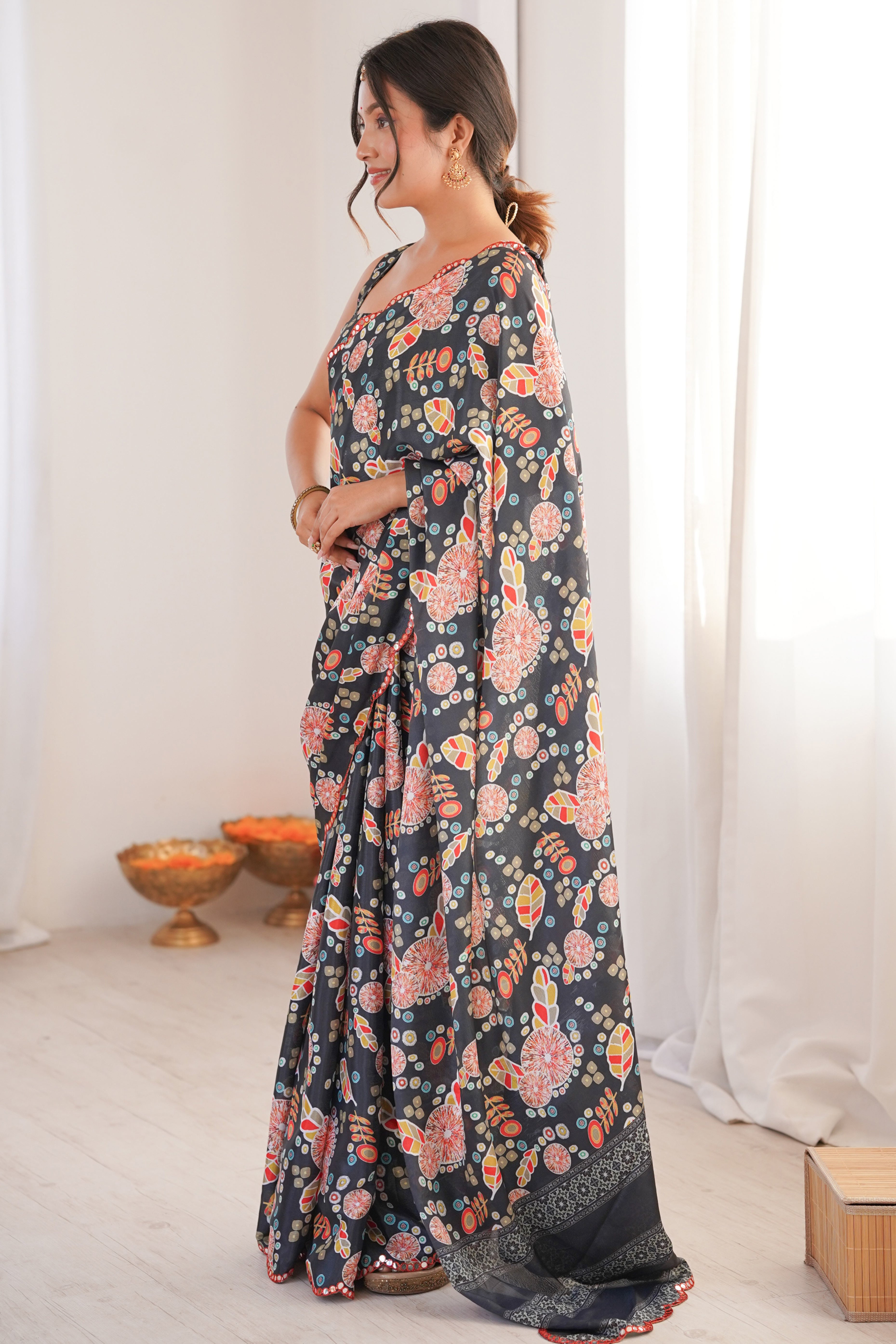 Chic Black Leaf & Floral Motif Digital Printed Chinon Saree With Delicate Embroidered Border