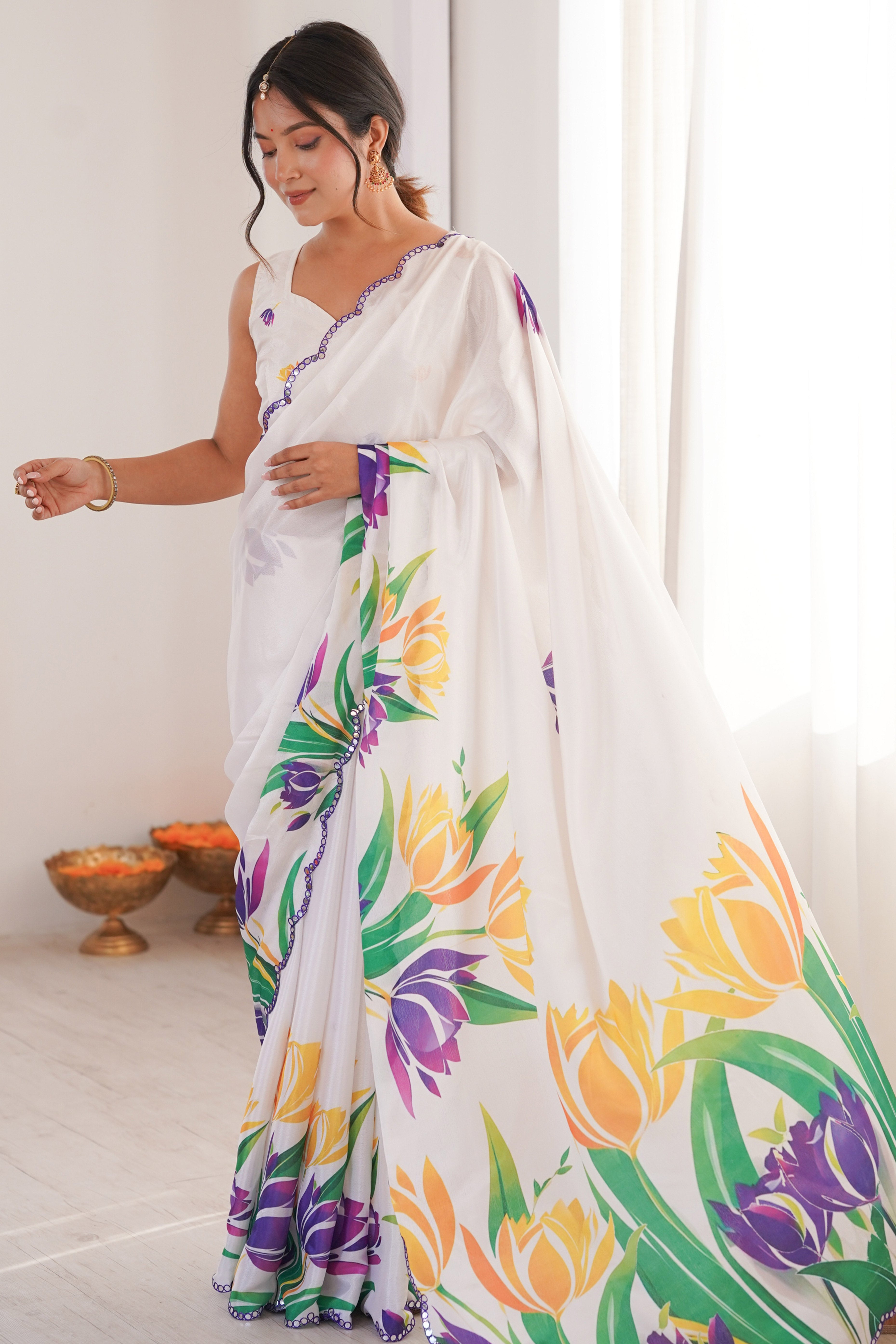Classic White Floral Digital Print Chinon Saree Featuring Artful Embroidered Border Detailing