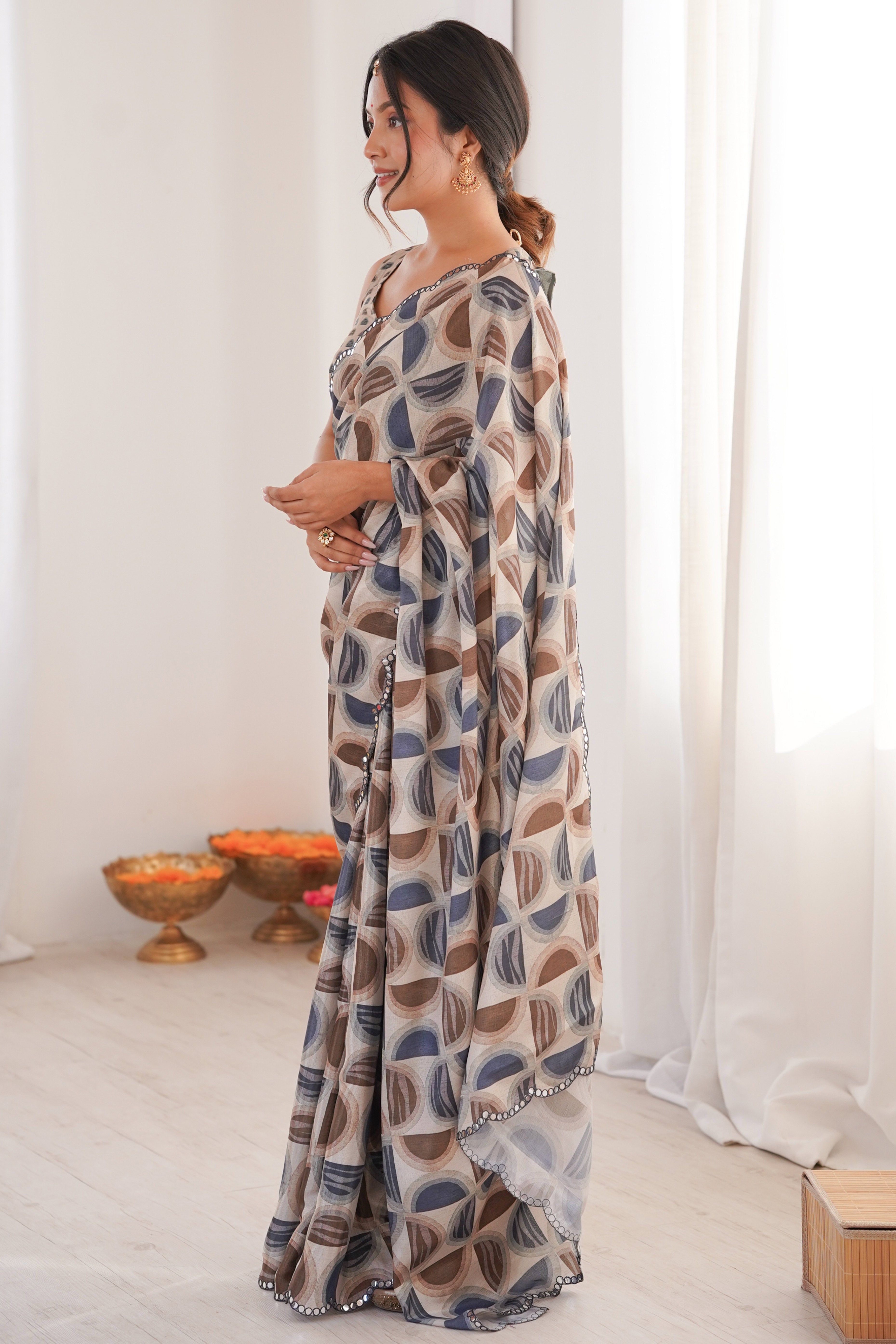 Timeless Multicolor Geometric Digital Printed Chinon Saree With Refined Embroidered Border Accents