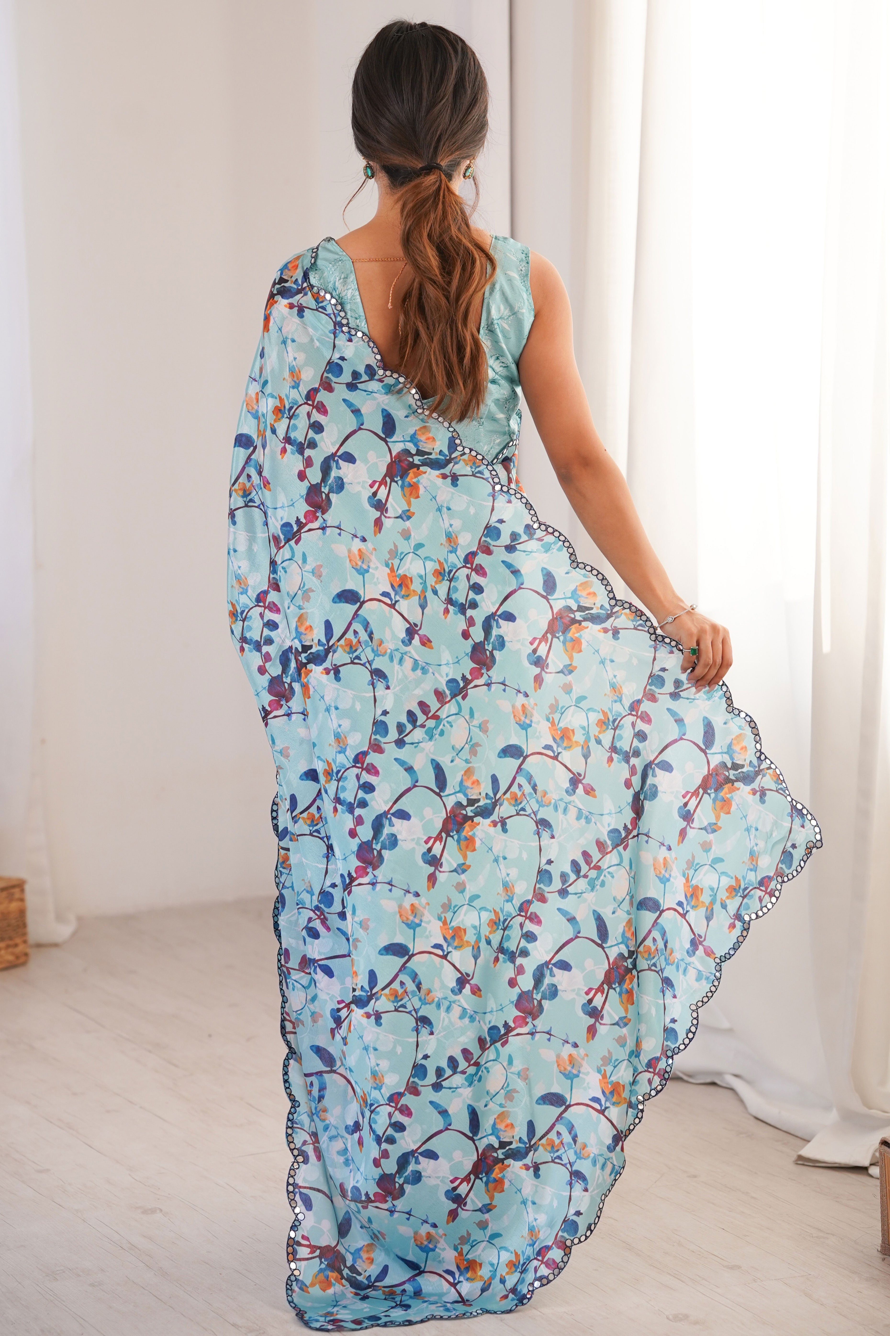 Soft Sky Blue Floral Digital Printed Chinon Saree Enhanced With Premium Embroidered Border Work
